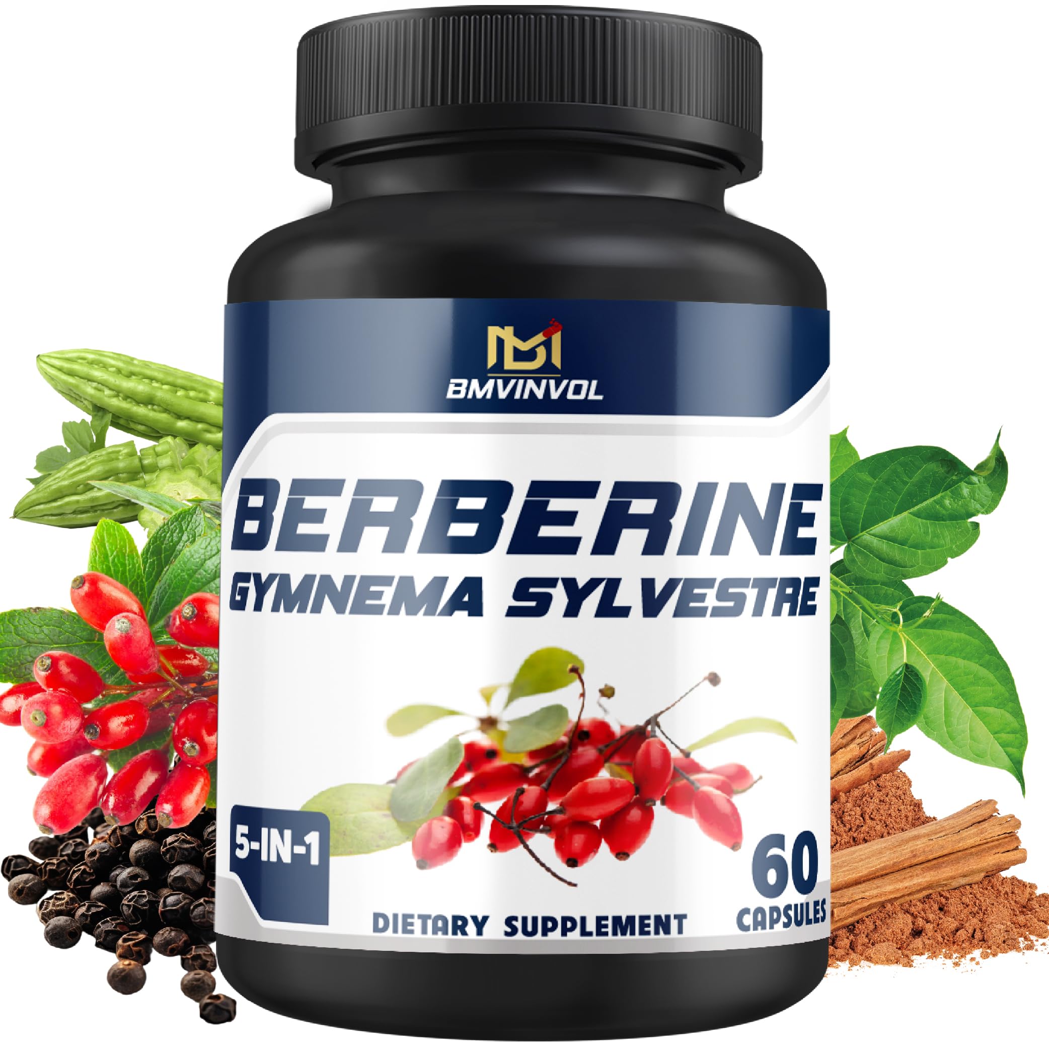 BMVINVOL 5-in-1 Berberine Supplement with Ceylon Cinnamon, Gymnema Sylvestre, Bitter Melon & Black Pepper - (60 Count)