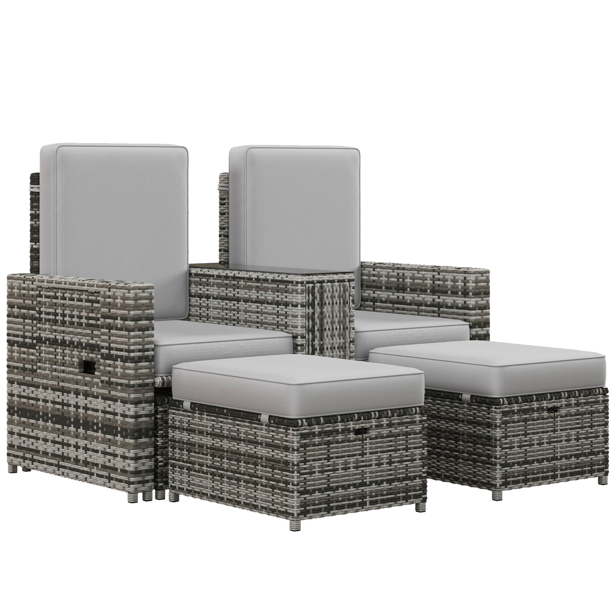 Outsunny 5PC PE Rattan Sun Lounger, Outdoor Wicker 5-level Adjustable Recliner Sofa Bed with Storage Side Table and Footstools, for Patio, Garden, Poolside, Grey