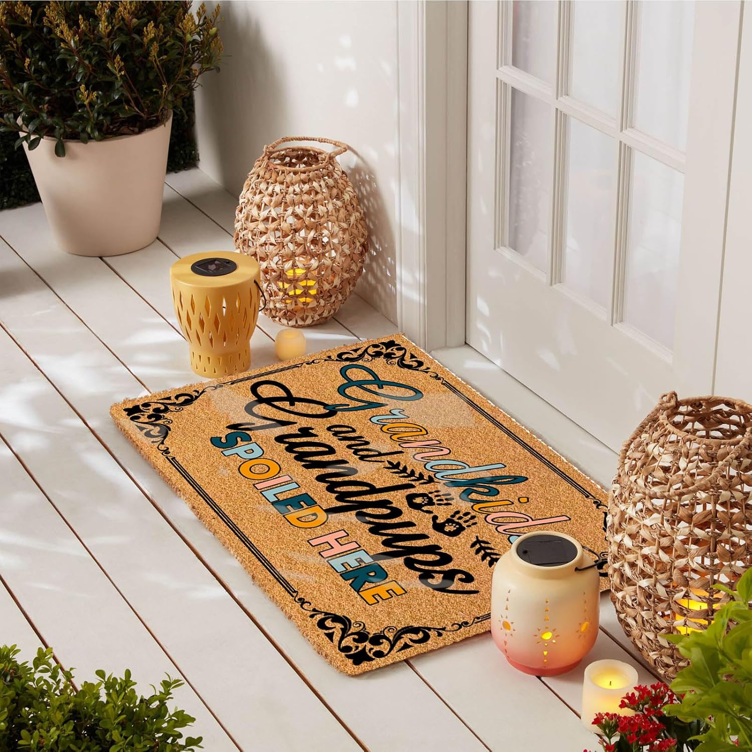 Grandkids and Grandpups Spoiled Here Personalized Doormat, 30"x18" Weather Resilient Entrance Rug, Machine Washable Anti-Skid Backing