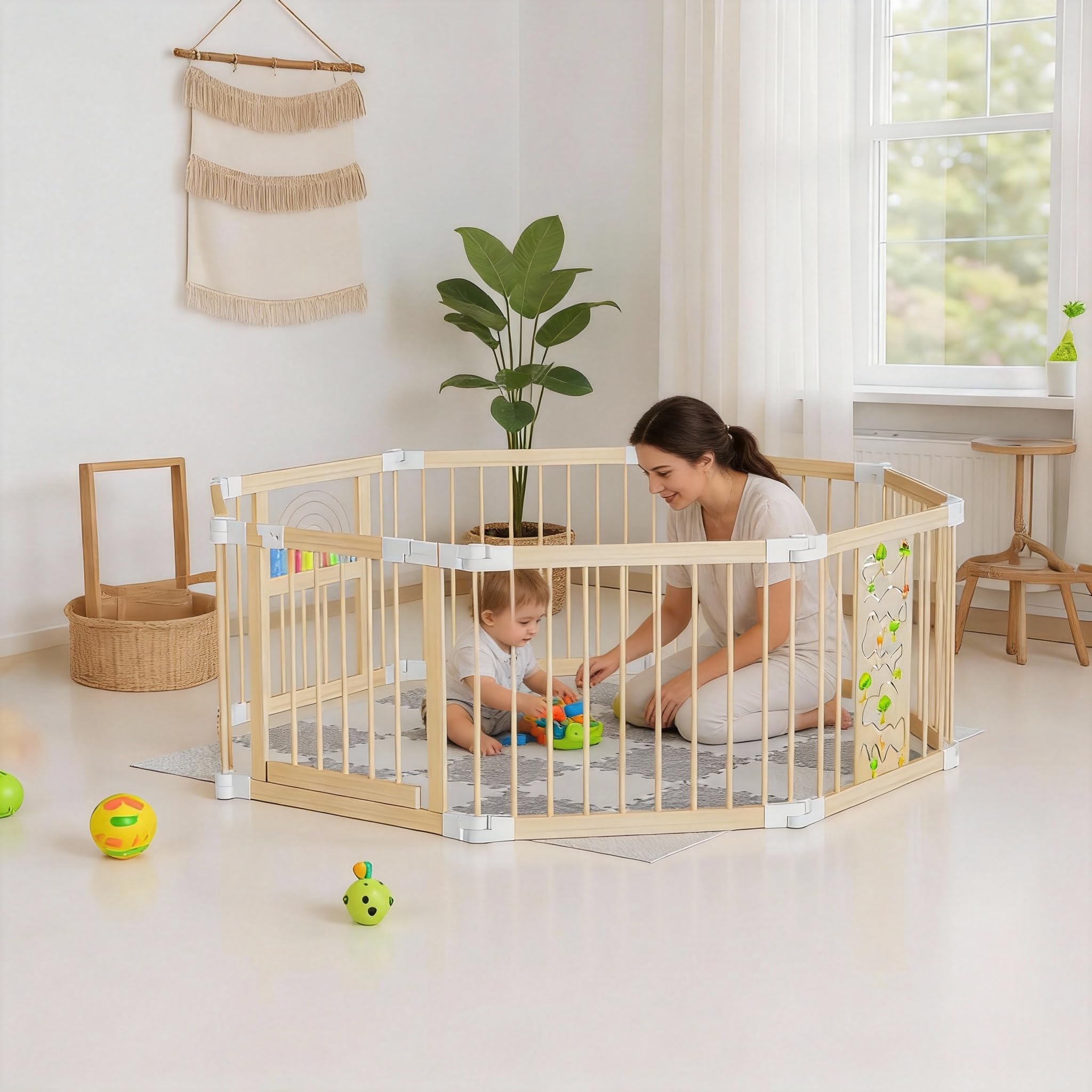 NAIZY Holz Laufstall Baby 8 Elemente Laufgitter & -Ställe mit 2 Spielcenter, Flexibel Aufstellbar Faltbar kinderlaufstall, Laufgitter Baby Playpen For Toddlers,mit Matratze