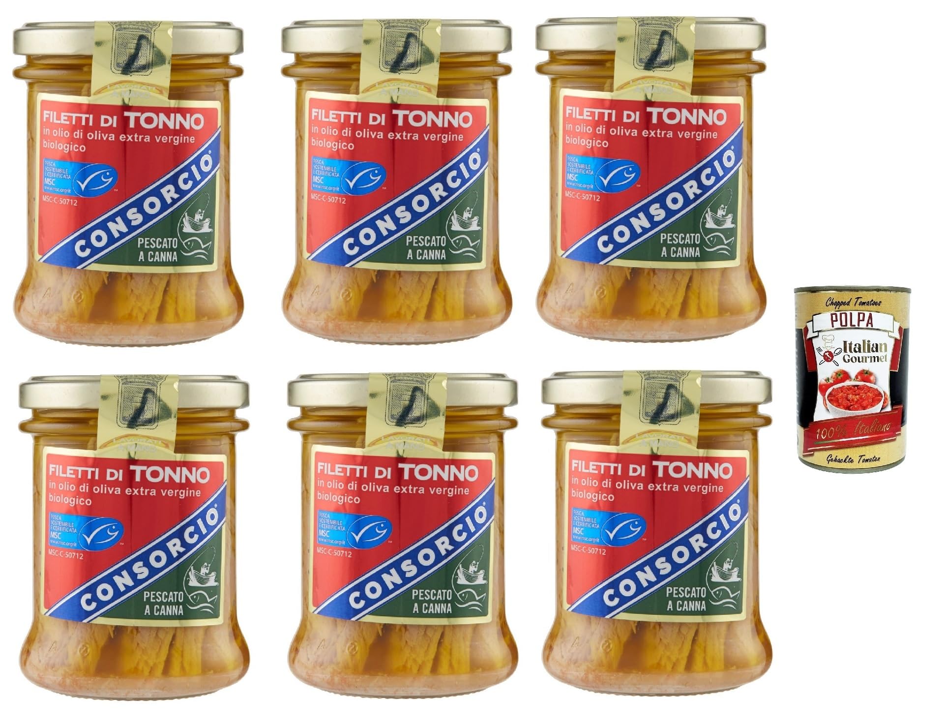 Consorcio - Filetes de atún en aceite de oliva virgen extra, pescado capturado con barril, 6 x 195 g + polpa italiana gourmet 400 g