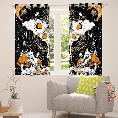 Miniatura 3 de Cortinas opacas con estampado de hongos amarillos trippy 3D, cortinas de ventana con aislamiento térmico y ojales, juego de 2 paneles para sala de