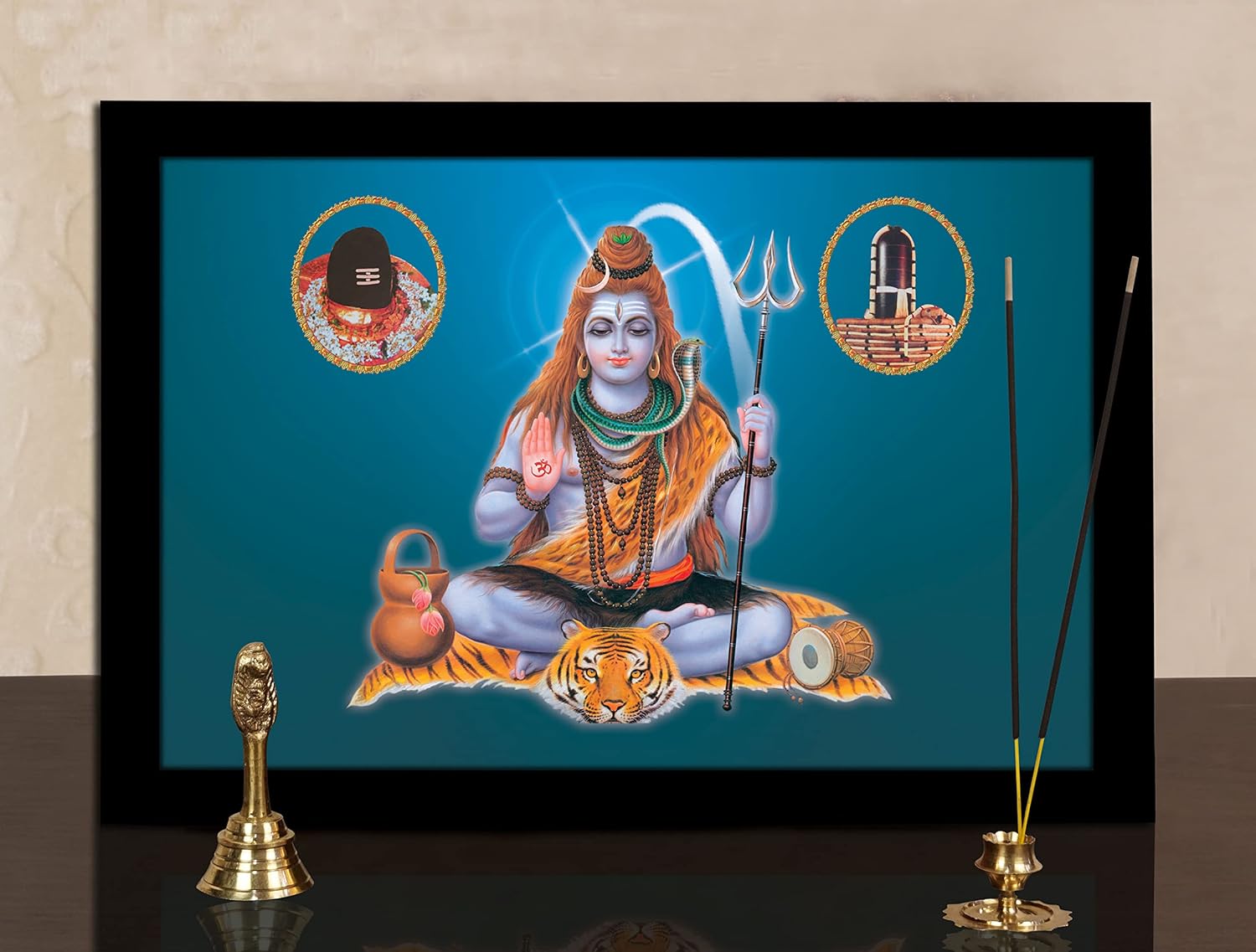 Shiva Lingam With Lord Shiva Poster With Frame Religious Poster Black Wall Frame Auspicious Hindu God Photo Frame For Gift Purpose