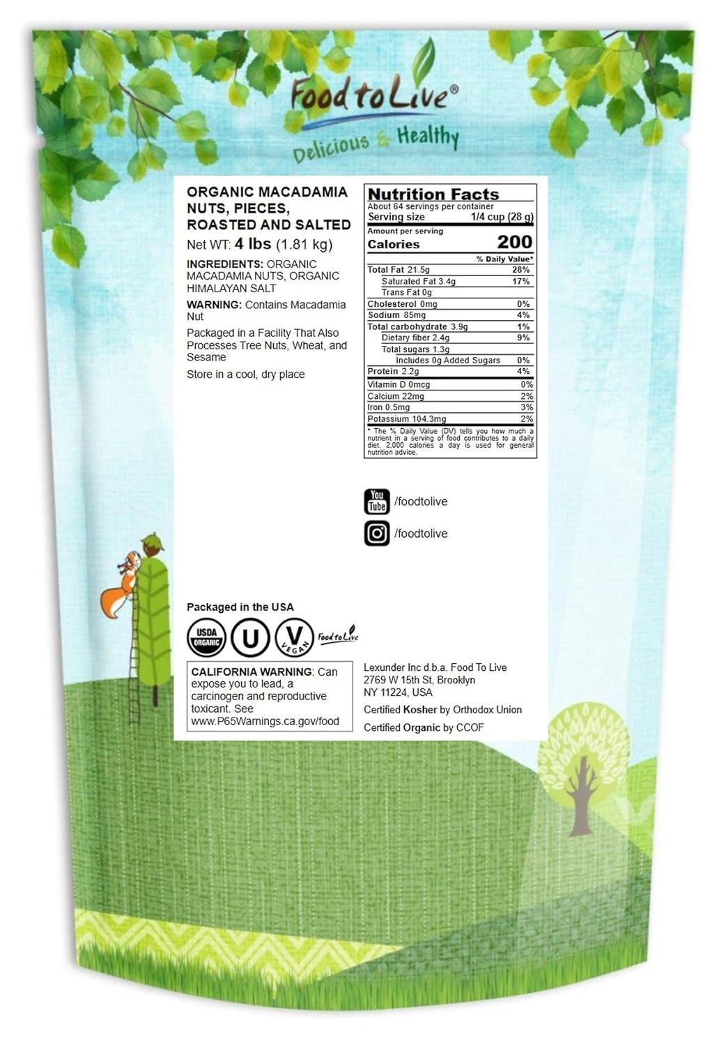 Food to Live Organic Dry Roasted Macadamia Nuts Halves and Pieces with Himalayan Salt, 4 Pounds – Oven Toasted Snack, Great for Baking and as Topping for Salads. Non-GMO, Vegan, Kosher, Bulk