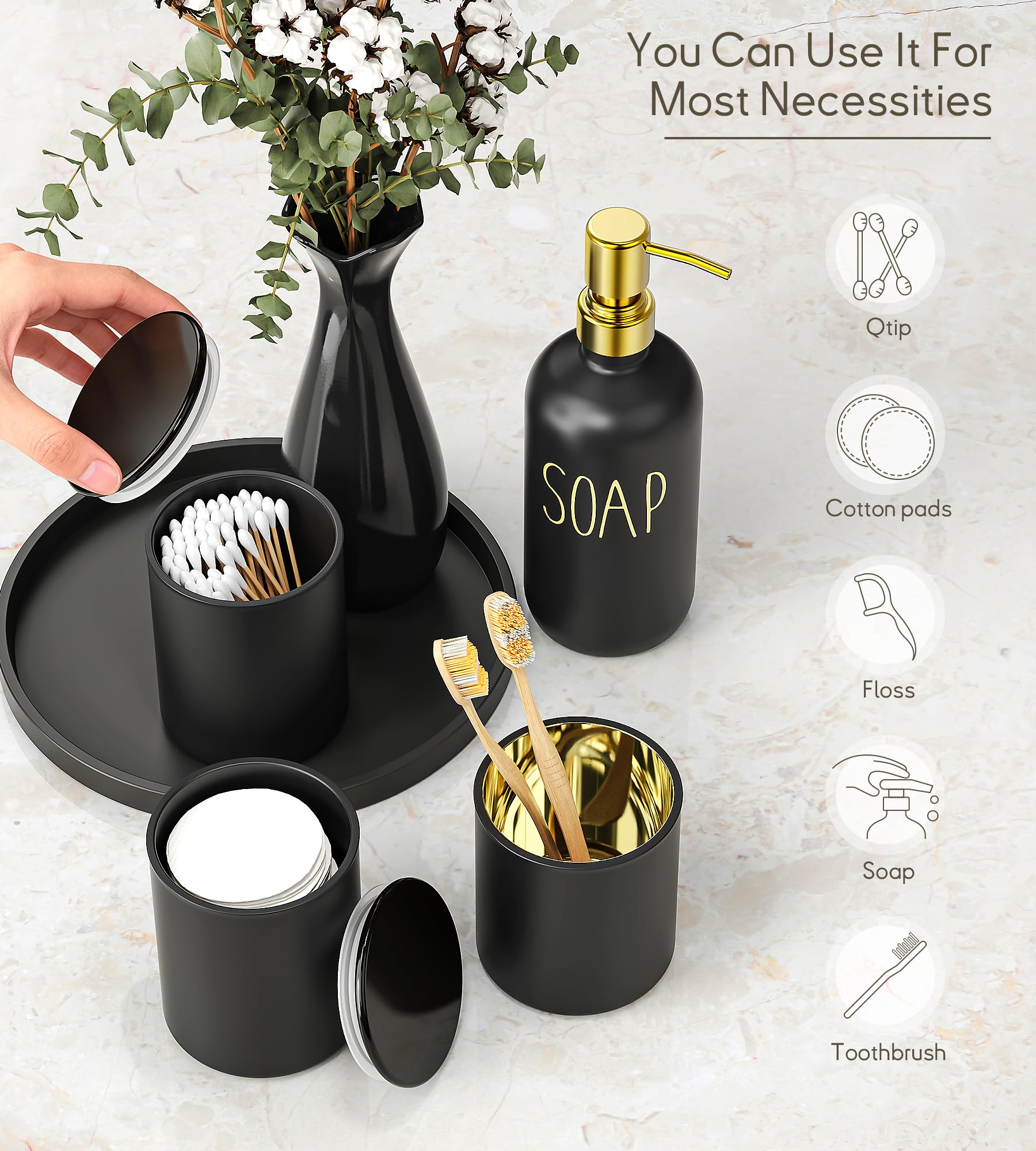 Juego de accesorios de baño negros con bandeja, 6 juegos de accesorios de baño negro mate, dispensador de jabón de vidrio y soporte para cepillo de dientes, soporte Qtip, jarrón de flores de cerámica