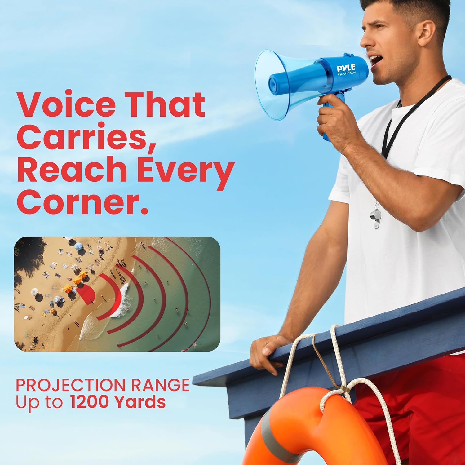 Pyle 30W Portable Megaphone Speaker, 1200-Yard Range, Lightweight Bullhorn with Siren, Rechargeable Battery, Handheld Mic, Adjustable Volume Control, Durable for Indoor/Outdoor Use, Transparent Blue
