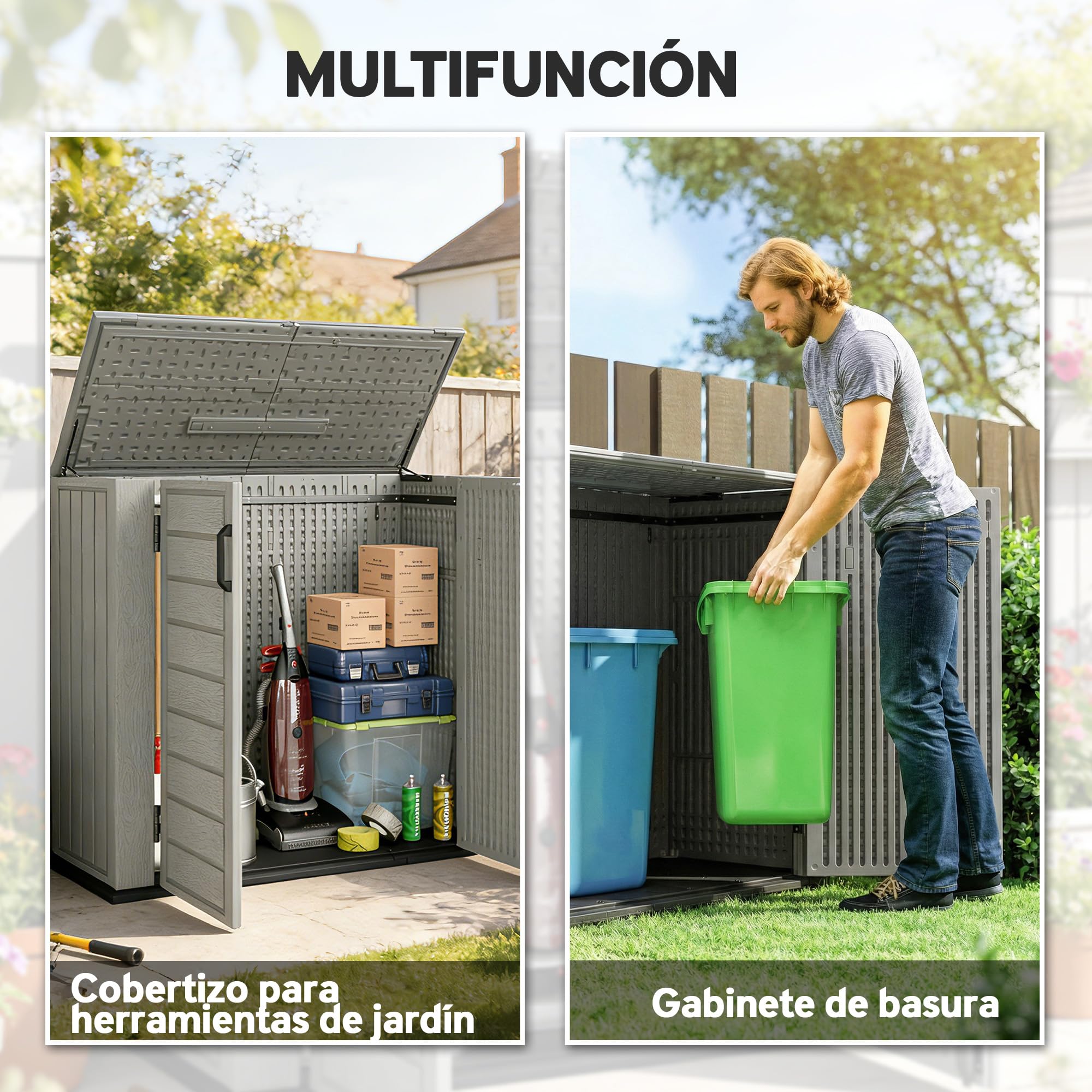 Outsunny Armario de Exterior de HDPE 940L 142x67x119 cm Gris Claro | Caseta de Jardín Exterior, Tapa Abatible, 2 Puertas, Cerradura, Cobertizo para Herramientas