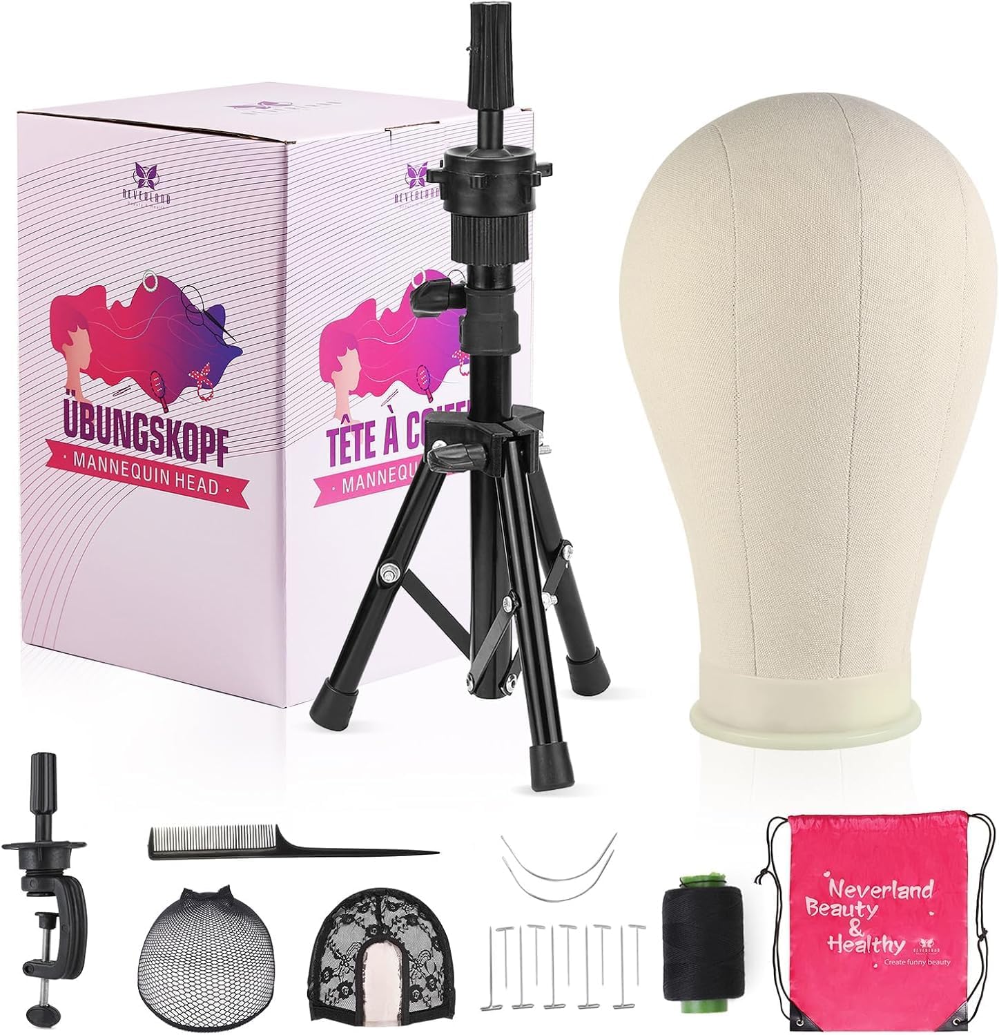 Neverland Beauty & Health 23 Inch Wig Head Stand Tripod, with Canvas Mannequin Heads for Wigs, Manikin Canvas Head Block Set for Making Display with T Pins Set Bristle Brush