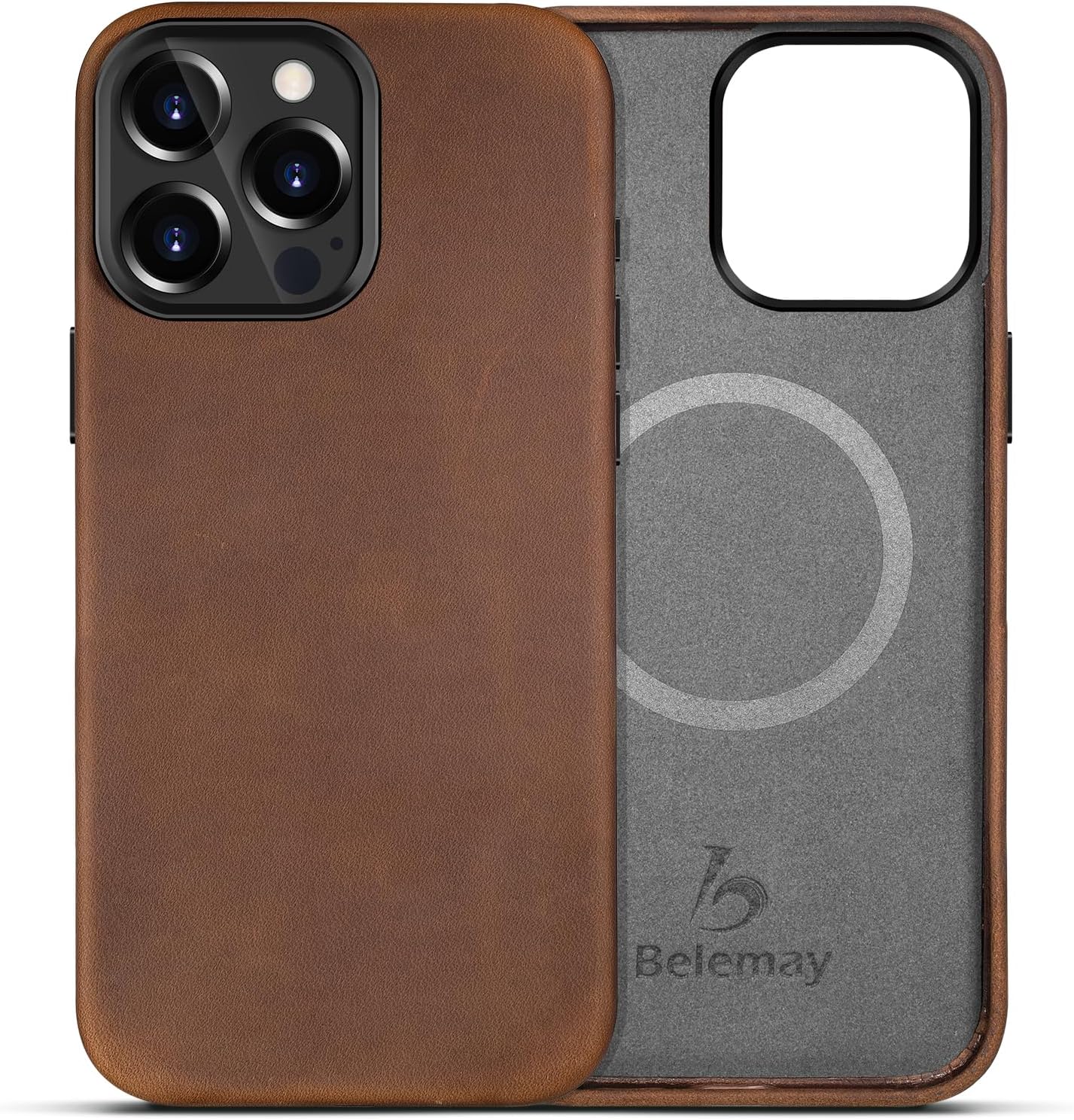 Belemay Compatible with iPhone 15 Pro Leather Case Magsafe - Top Grain Vintage Crazy Horse Leather - Metal Buttons & Camera Bezel Bump - Slim Fit & Soft - Premium Phone Cover (6.1-inch) Retro Brown
