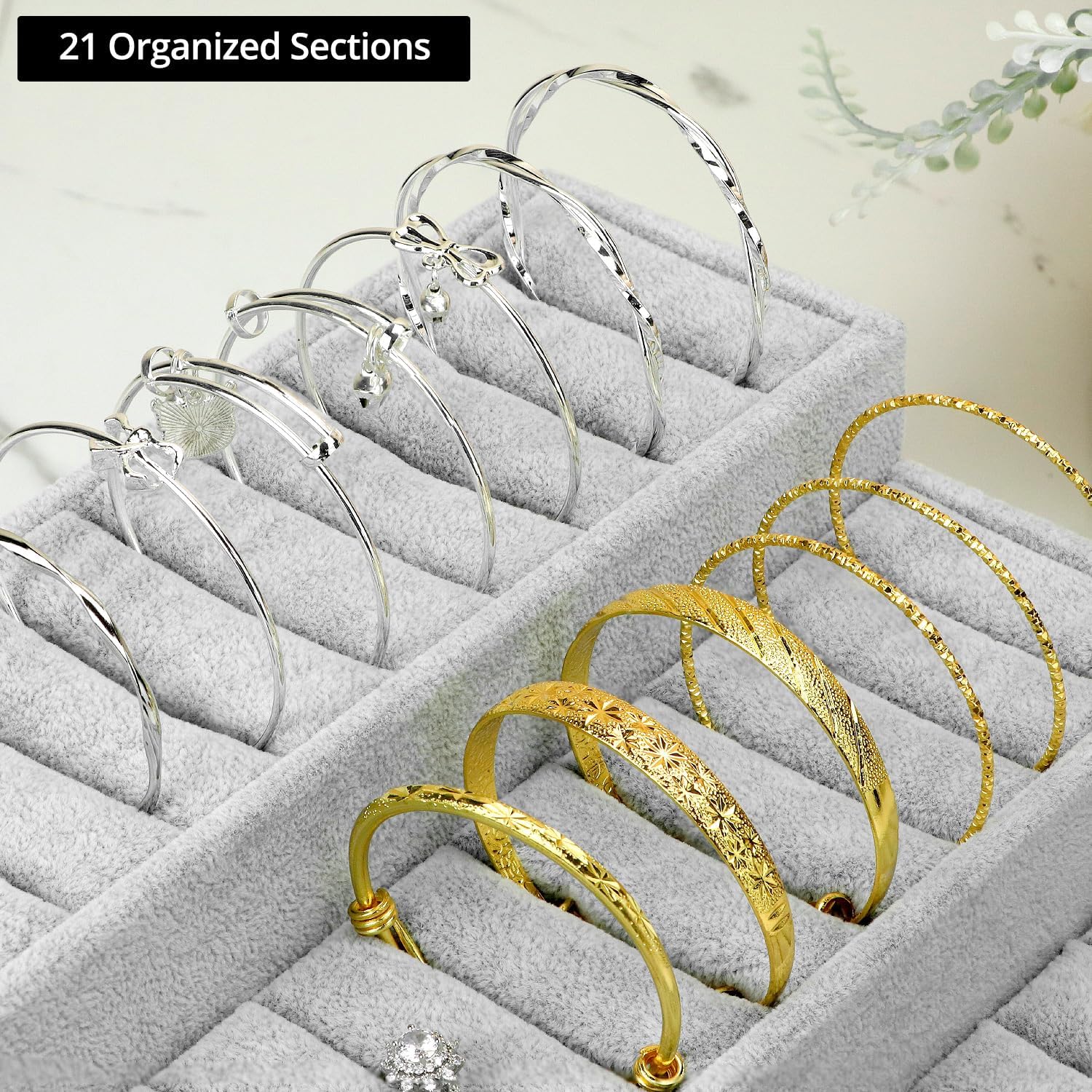 QWORK Bangle Display Tray - 27 Slot Showcase Organizer for Bangles, 10.43" x 9.45" x 3.54", 3 -Tier Bangle Organizer Display Bracelets Tray Holder with Velvet Inserts, Grey