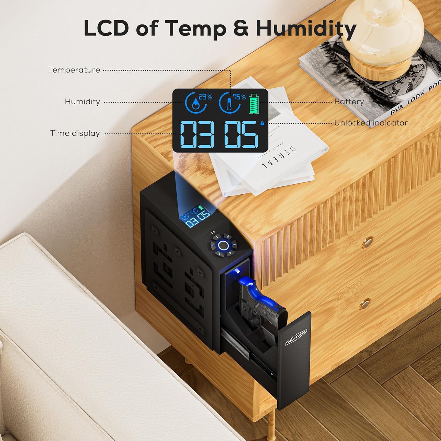 Biometric Gun Safe for Handgun with LCD Screen for Nightstand, Desk, Bed Side,Truck - Auto Sliding Door Hand Gun Safe for Pistol with APP/Fingerprint/PIN Code/KEY