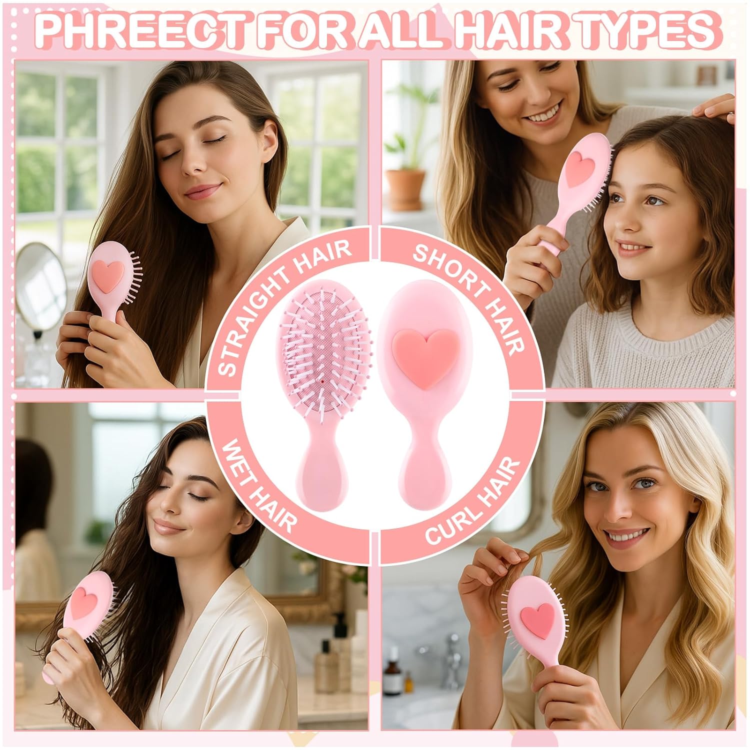 24 Pcs Mini Detangler Hair Brush Bulk Dry and Wet Detangling Travel Hairbrush Suitable for Women Bridesmaid Gifts Spa Party Supplies(Heart)