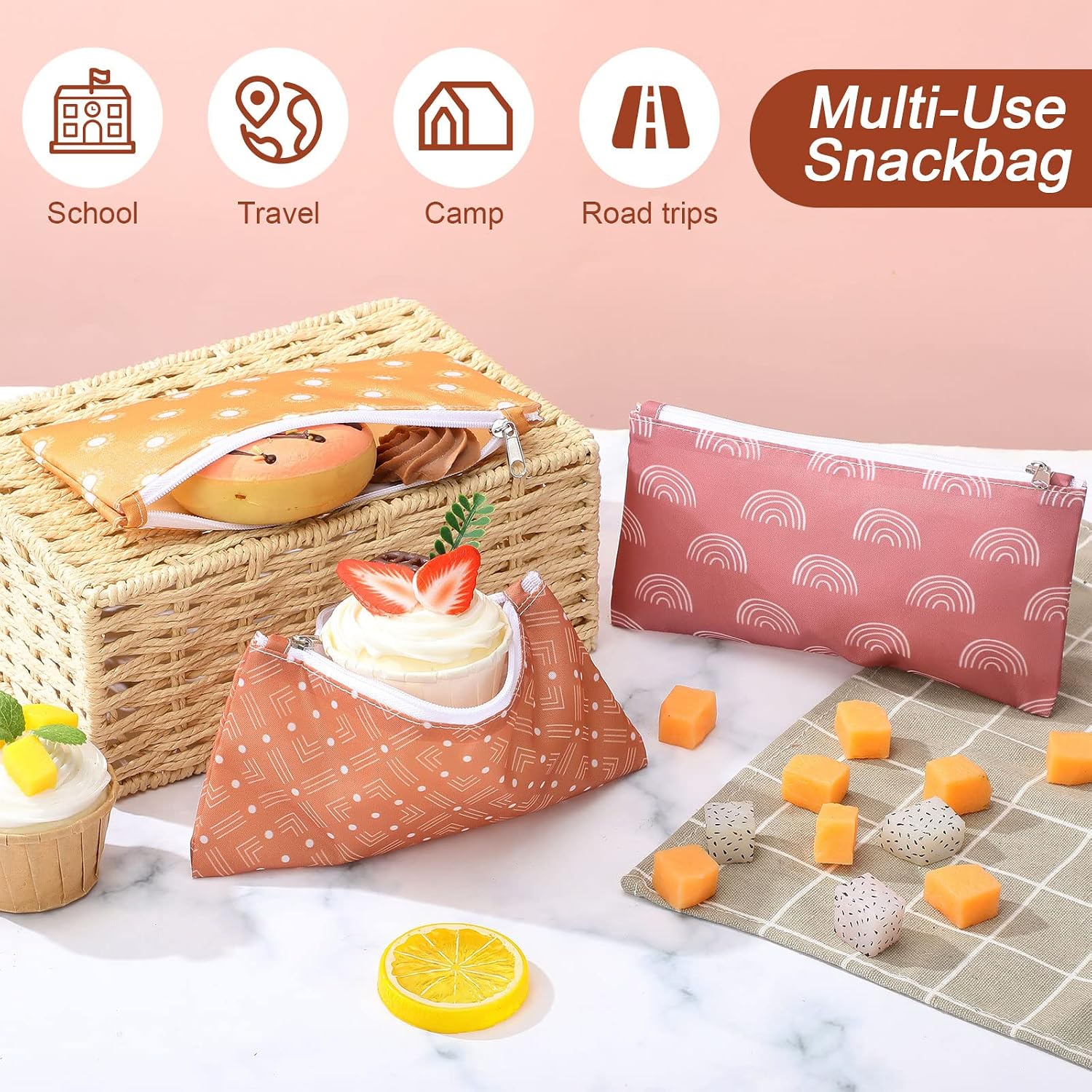 6 Pcs Boho Reusable Snack Bags and Sandwich Bags Food Safety Washable Lunch Snack Zipper Pouches for Kids Students Adults Food