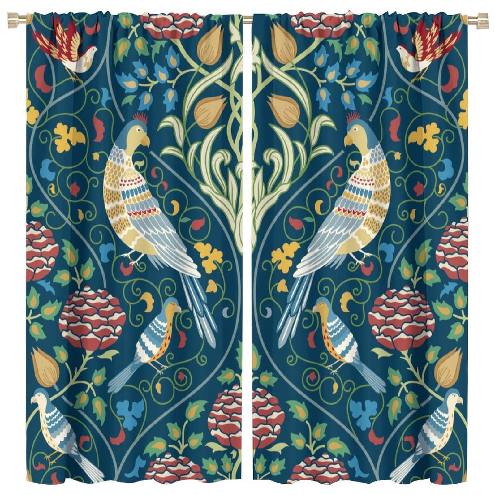BenYaSong Vintage Bird Window Curtains，William Morris Original Design，Boho Vintage Flowers for Teen Thermal Insulated Darkening Room Window Curtain Drapes 2 Panels 63x63in