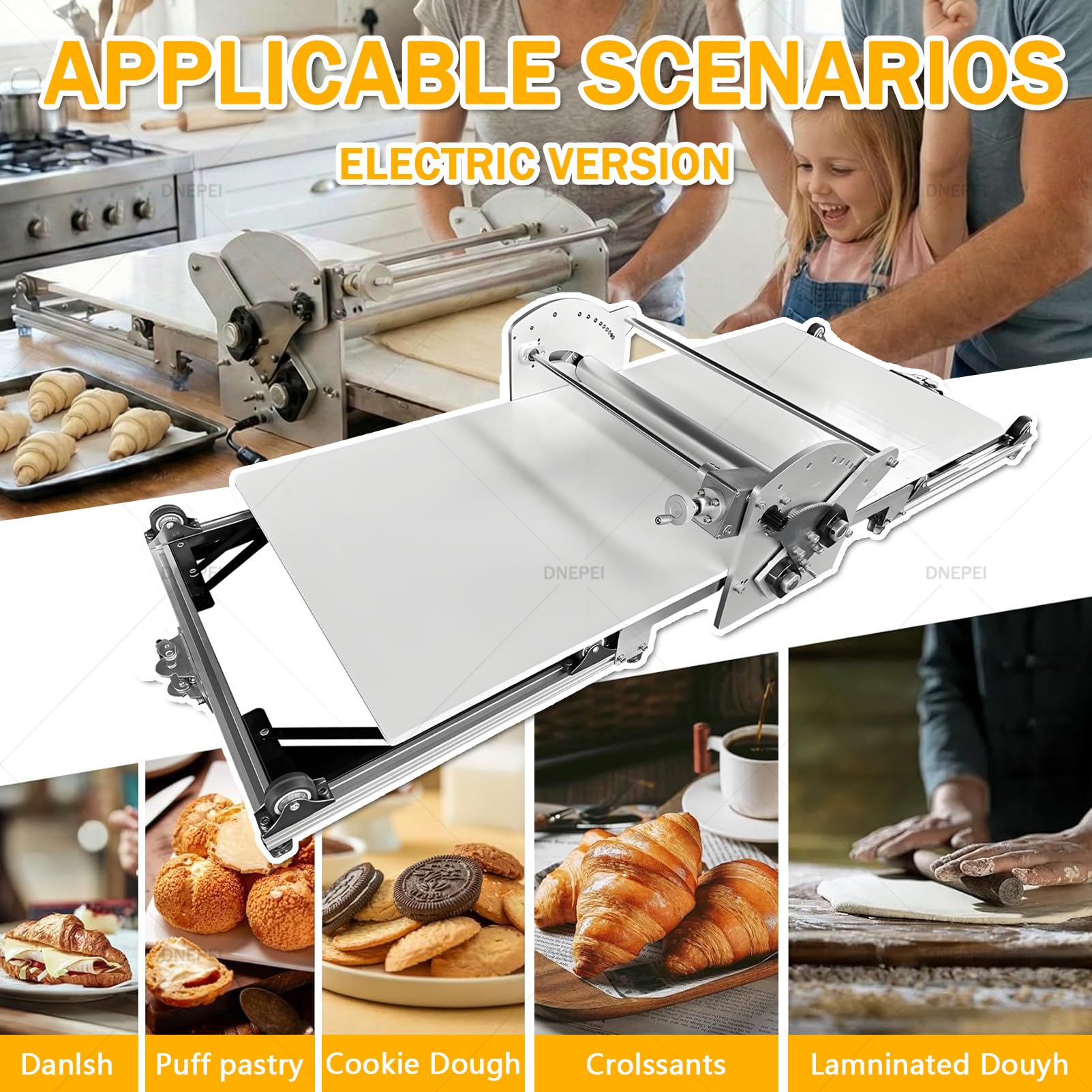 Sfogliatrice elettrica per la cottura domestica, struttura in acciaio inossidabile, controllo dello spessore da 2 a 30 mm, ideale per croissant, pasta fresca, pasta fresca