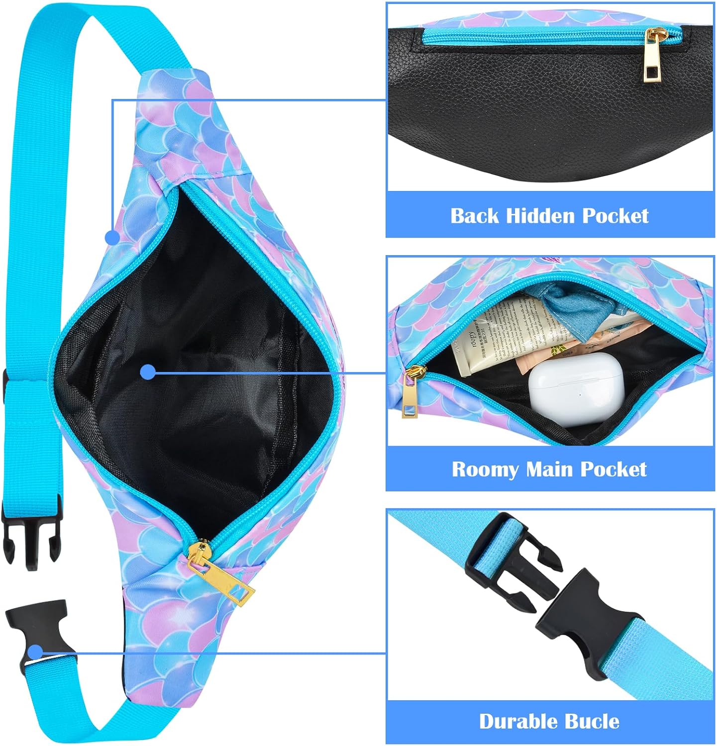 Fanny Pack for Kids Girls Fashion Waist Pack With Adjustable Belt, Unicorn Mermaid Fanny Pack Crossbody With 2 Pouches, Kids Belt Bag for Travel Running Camping - Image 4