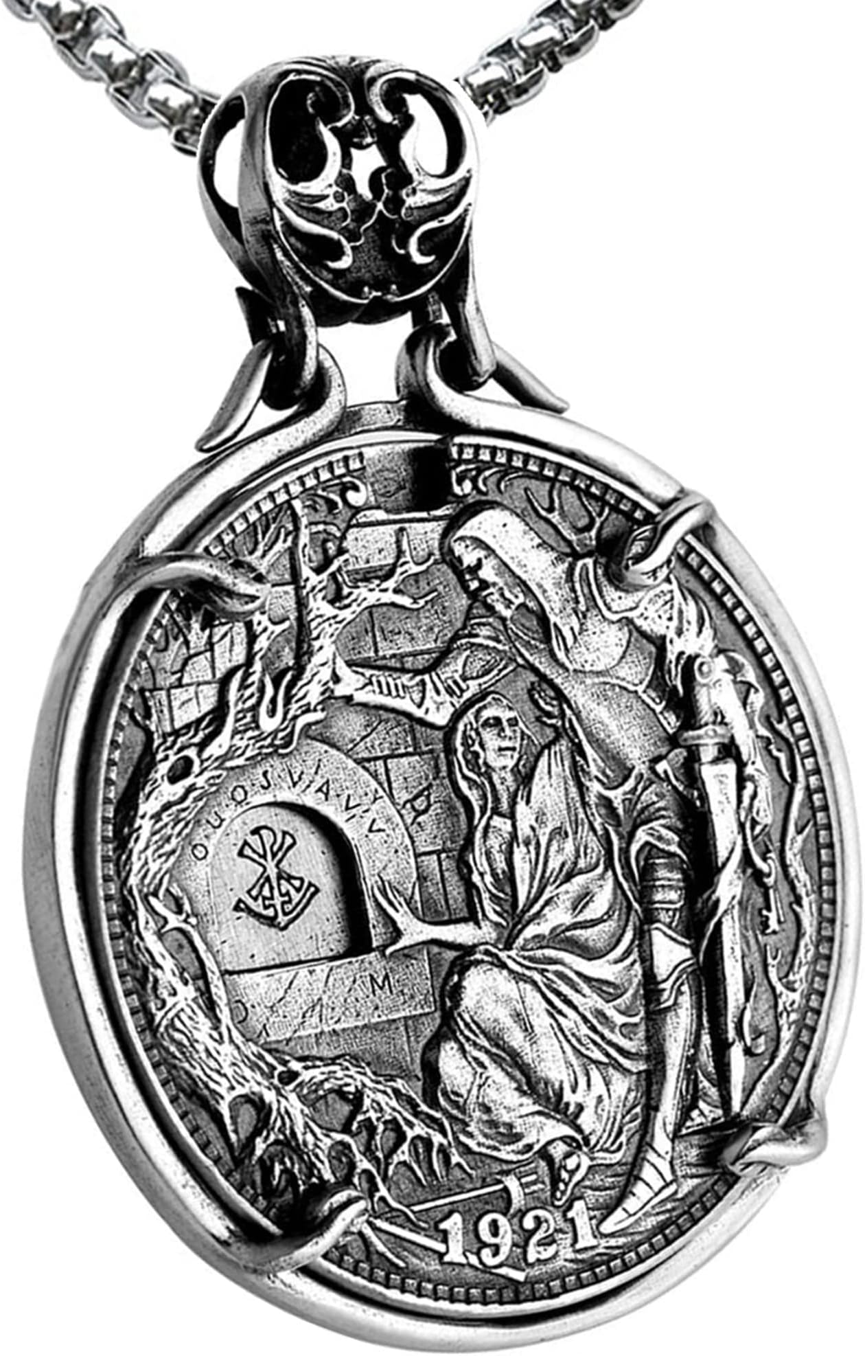 FVANOR Movable Mechanism Ornaments Pendant 1921 Morgan Hobo Coin Necklace Pendant Sweater Chain Pure Silver / Brass Skull Pendant