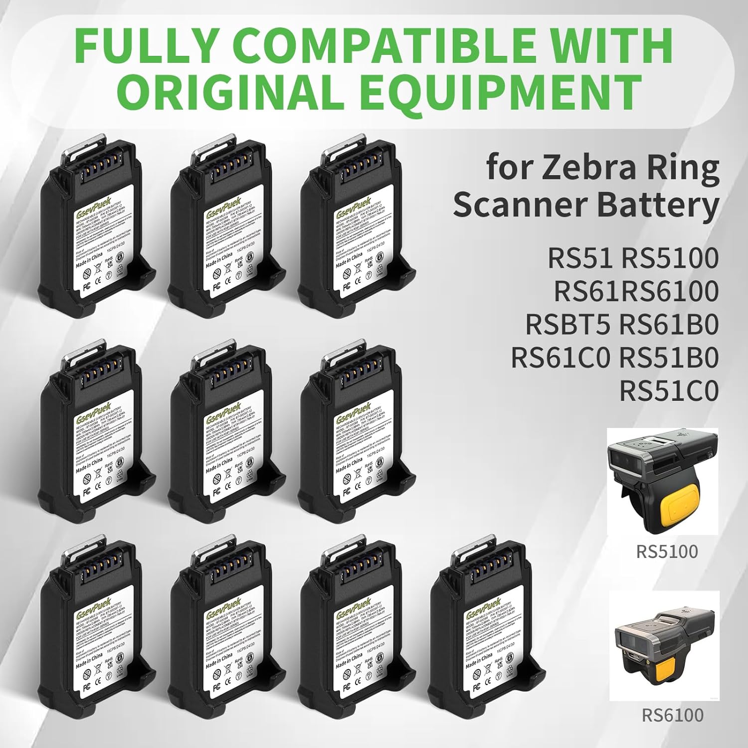 10-Pack 735mAh RS5100 Battery Extended,for Zebra RS5100 RS61 RS51 RS6100 2D RS51C0 RS60B0 Wearable Scanner Battery,BT-000397 BTRY-RS51-4MA-01 BTRY-RS51-7MA-01.