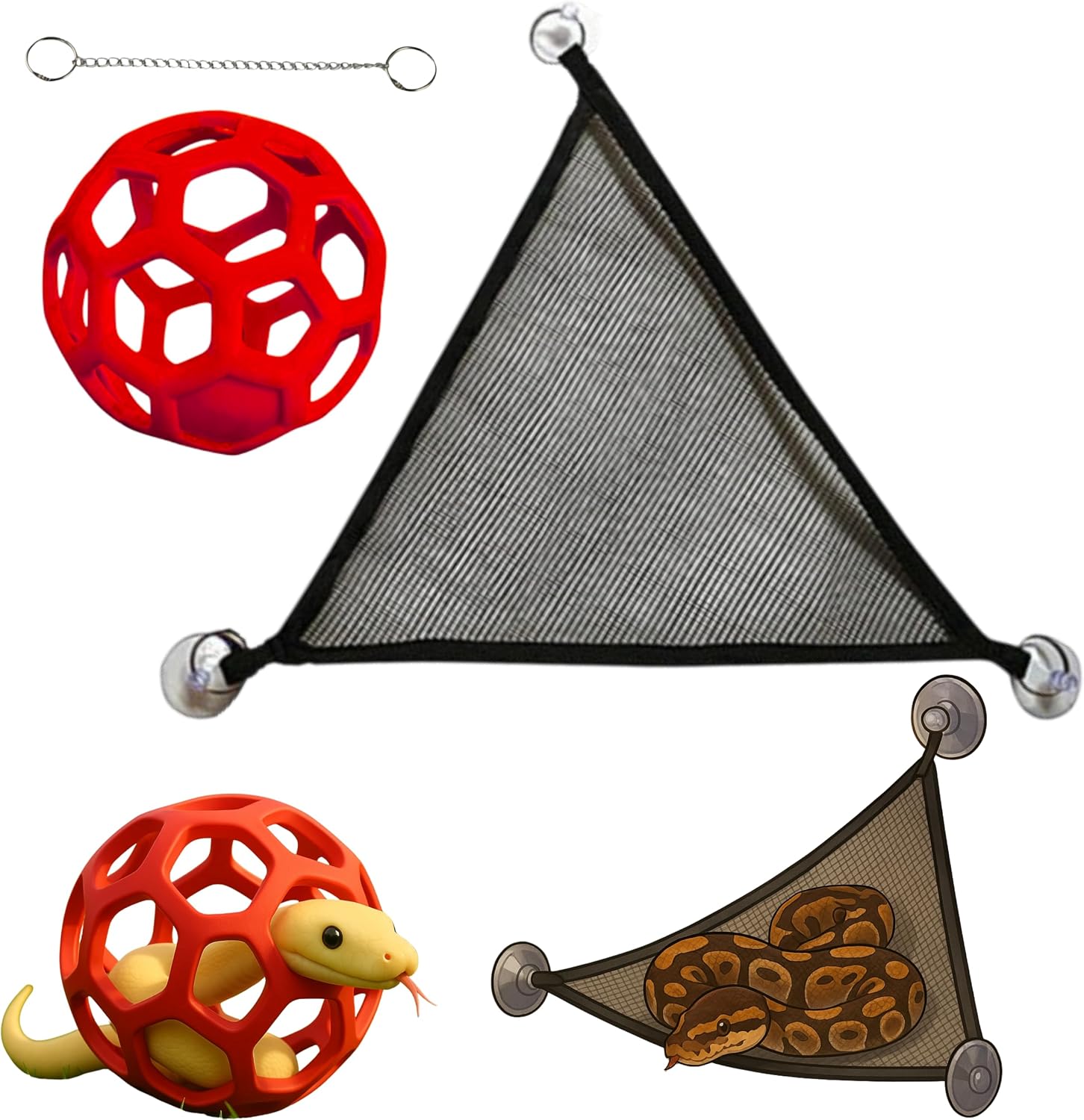 Snake Enrichment Toys Ball with Hammock, Jungle Gym Ball With Chain And Snake Hammock For Small Ball Python Corn Snakes, Reptiles Climbing Toy Hammock, Snake Climbing Accessories For Tank (Red, L)