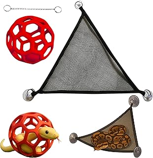 Snake Enrichment Toys Ball with Hammock, Jungle Gym Ball With Chain And Snake Hammock For Small Ball Python Corn Snakes, Reptiles Climbing Toy Hammock, Snake Climbing Accessories For Tank (Red, L)