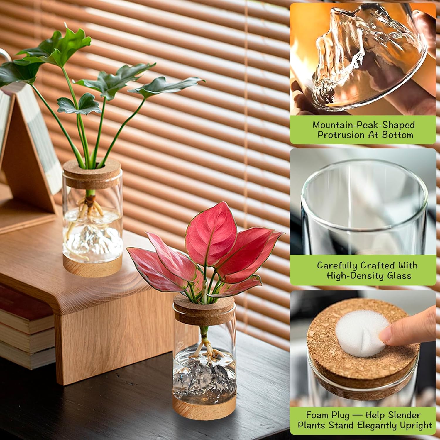 2Pcs Plant Propagation Station with Mountain-Shaped Bottom - Hydroponic Glass Vases, Wooden Base with Lighting, Terrarium Jars for Indoor Growing, Desktop Vivarium, Ideal Gifts for Plant Lovers - Image 6