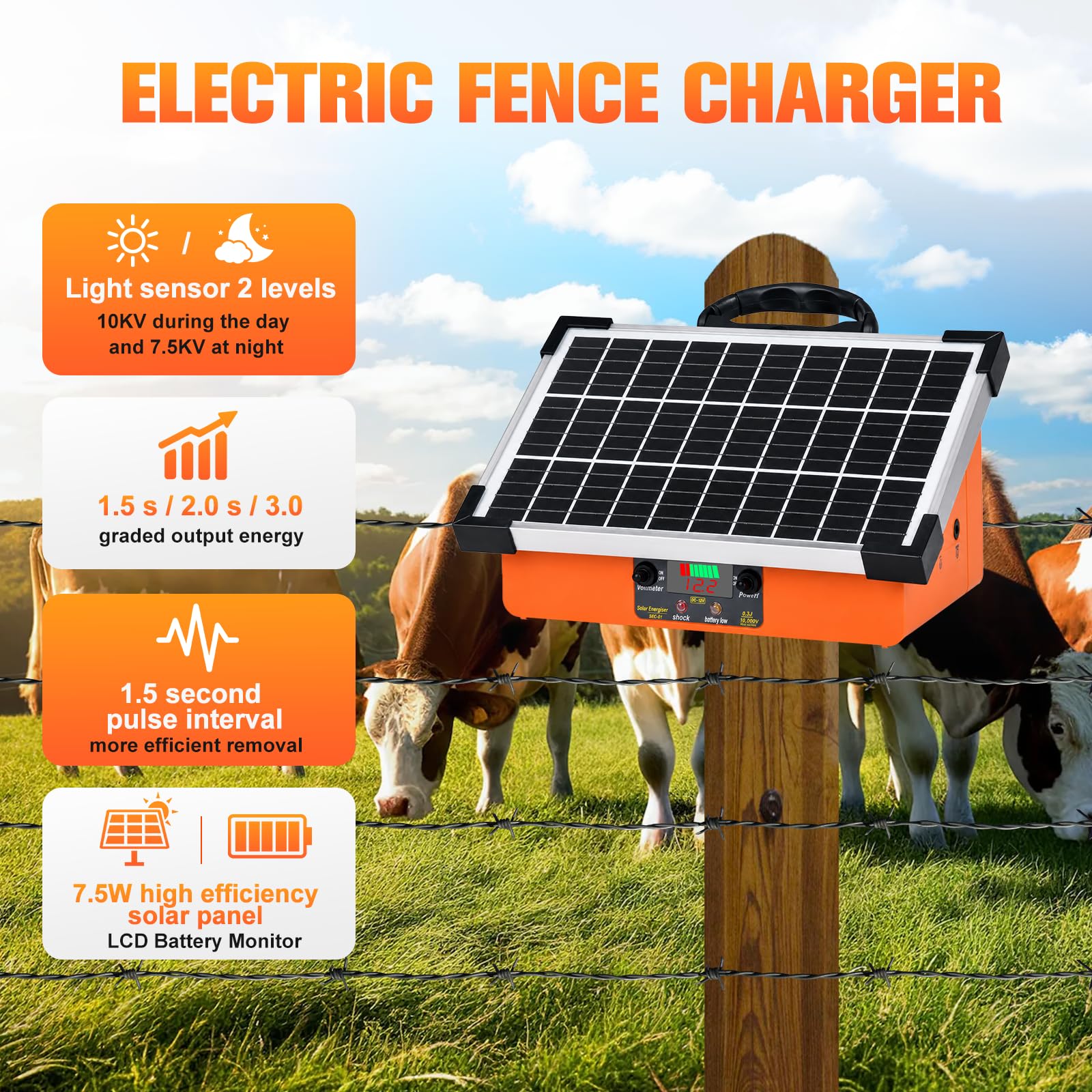 24 km Solar-Weidezaungerät 7,5W, 10.000 V Tag / 7.500 V Nacht automatische Umschaltung, 0,3 J Smart-Impuls (1,5-3,0S), LCD-Batteriestandanzeige, IPX4 Allwetter-Set für Rinder, Pferde, Wildschutz