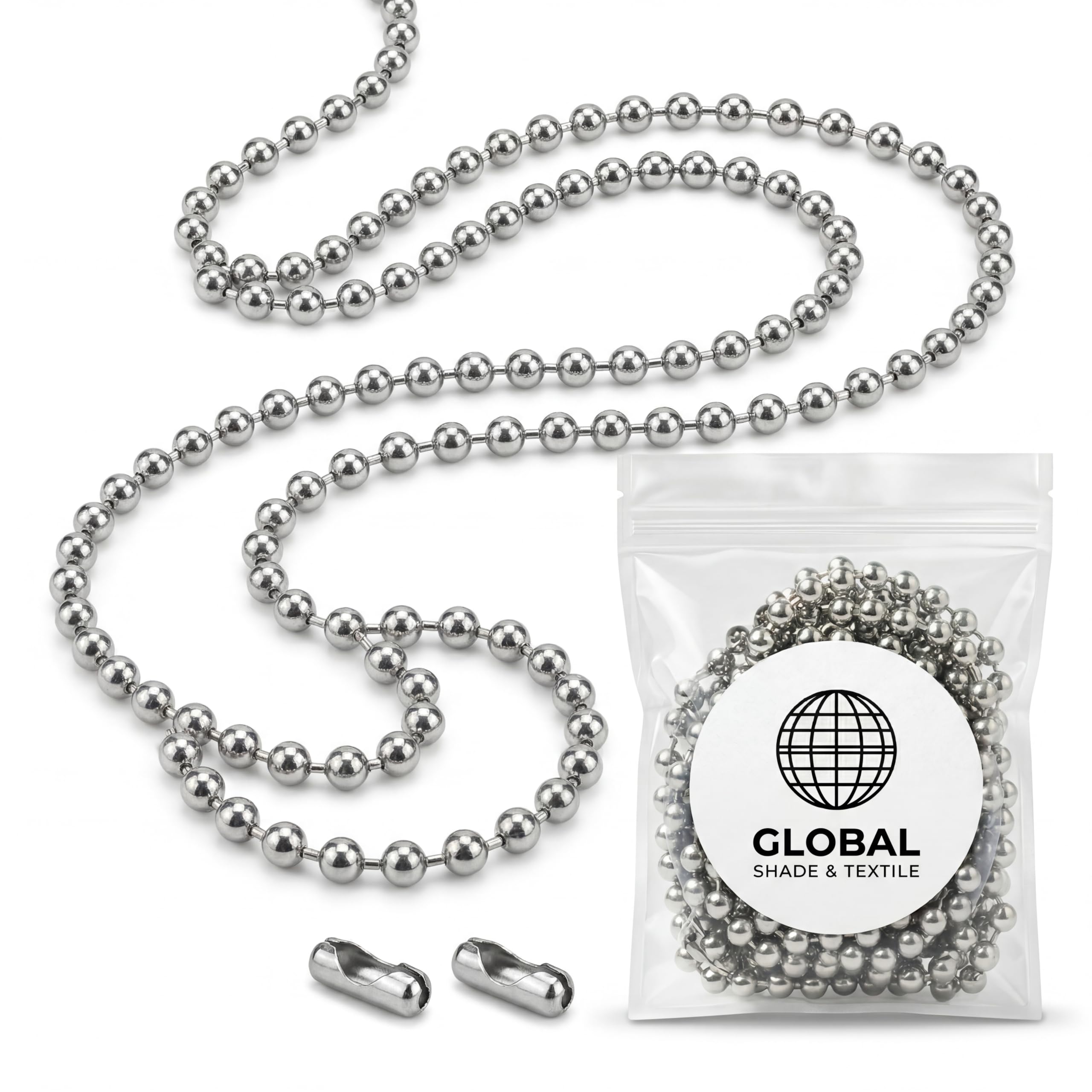 2 Meter / 6.5 Feet Blinds Chain, 4.5mm Roller Blind Chain Beaded Pull Chain Extension, Roman Blind Chain Silver, 2 Blind Chain Connector, Window Blinds Accessories, Blind String Replacement