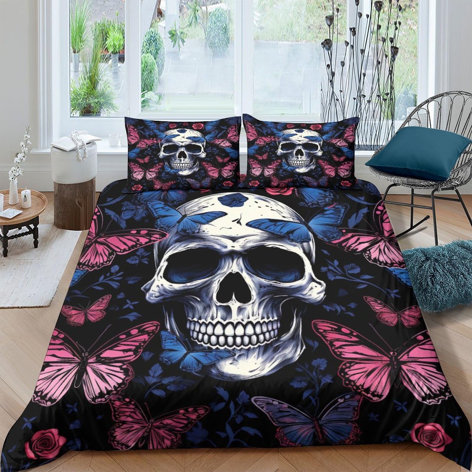 Housse de couette pour adultes et enfants crâne de papillon 200x200cm double