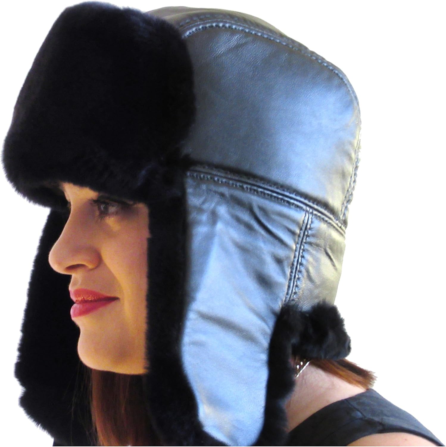 Unisex Black Rex Rabbit Black Leather Top Trooper Hat