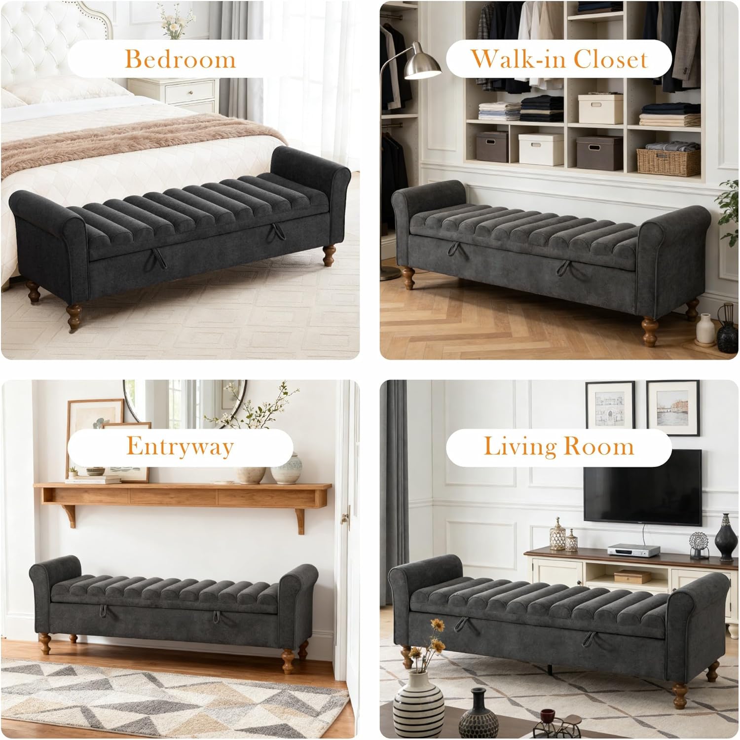 Aoiy & Wifon 65.55" W Large Storage Ottoman Bench, King Size End of Bed Storage Bench with Wood Legs, Upholstered Window Bench for Bedroom, Living Room, Entryway, Charcoal