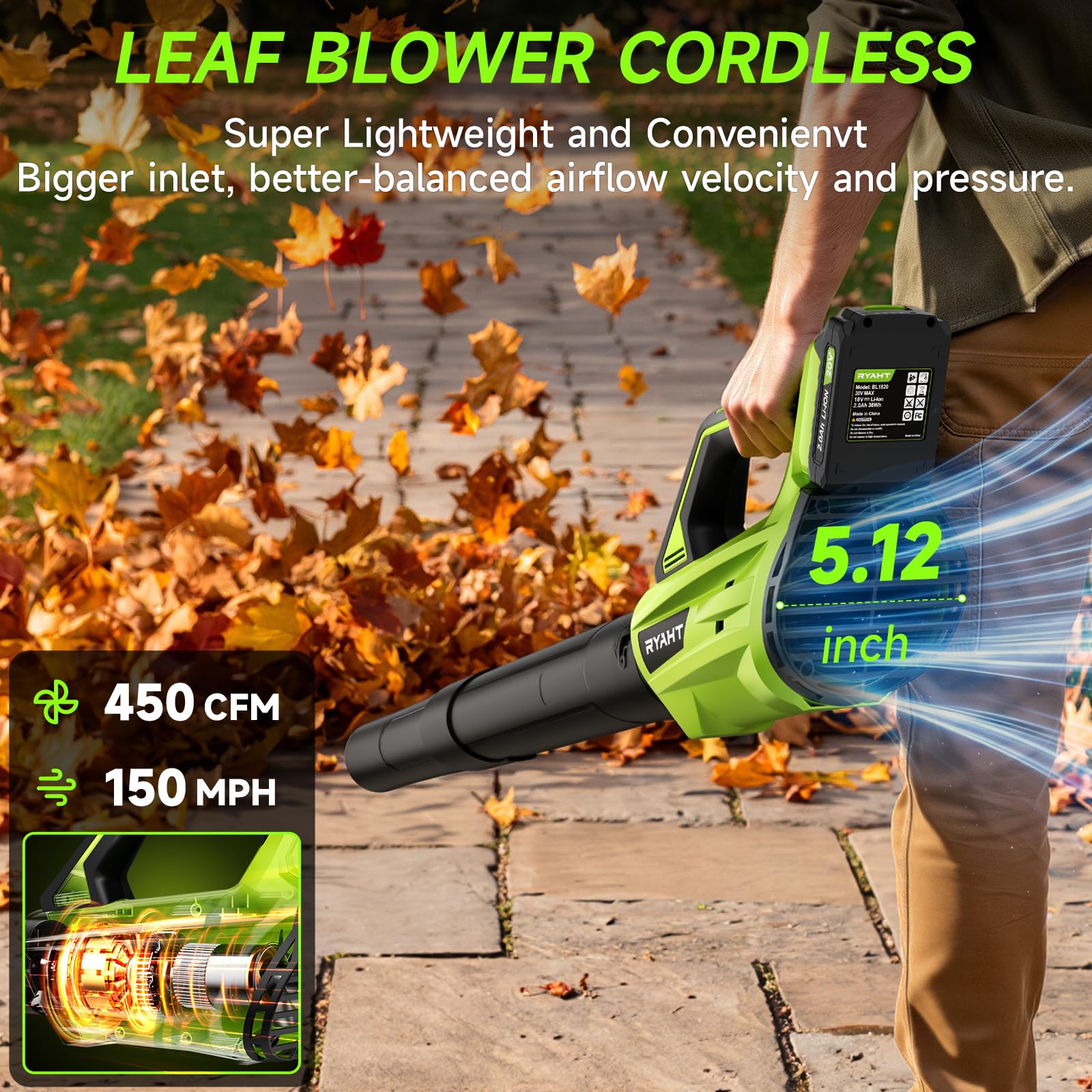 Soffiatore per foglie senza fili, con batteria e caricabatterie, 2 modalità di velocità, 2 batterie, 20 V, potente soffiatore elettrico leggero per soffiare foglie, cura del prato, patio, verde | Spazzaneve elettrico a 2 velocità, 2 batterie, 20 V, potent