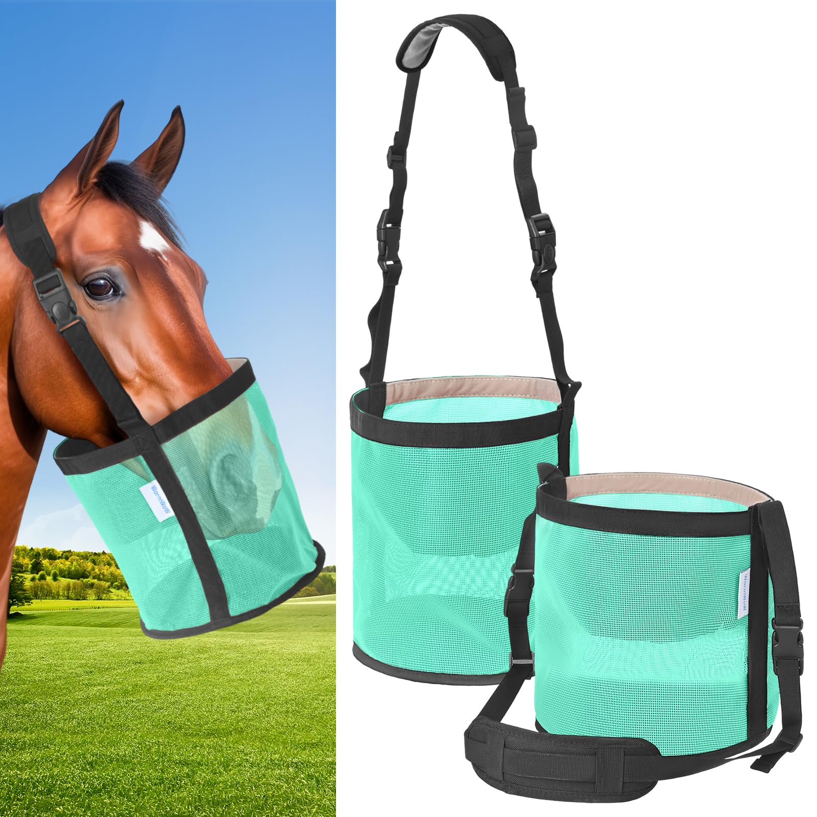 Horse Feed Bag Pack of 2, Feed Bags for Horses with Ventilation Mesh, Comfort Nose Pad Neck Pad, Adjustable Strap, Spill Proof Design for Independent Feeding Grain, Supplements (Mint)