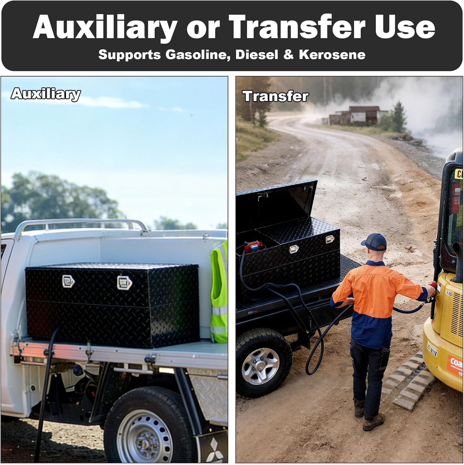 51 Gallon Aluminum Fuel Transfer Tank Toolbox Combo with 10 GPM 12V DC Fuel Pump, Truck Bed Auxiliary Fuel Tank for Gasoline Diesel, 13 Ft Hose, Auto Shut-Off Nozzle