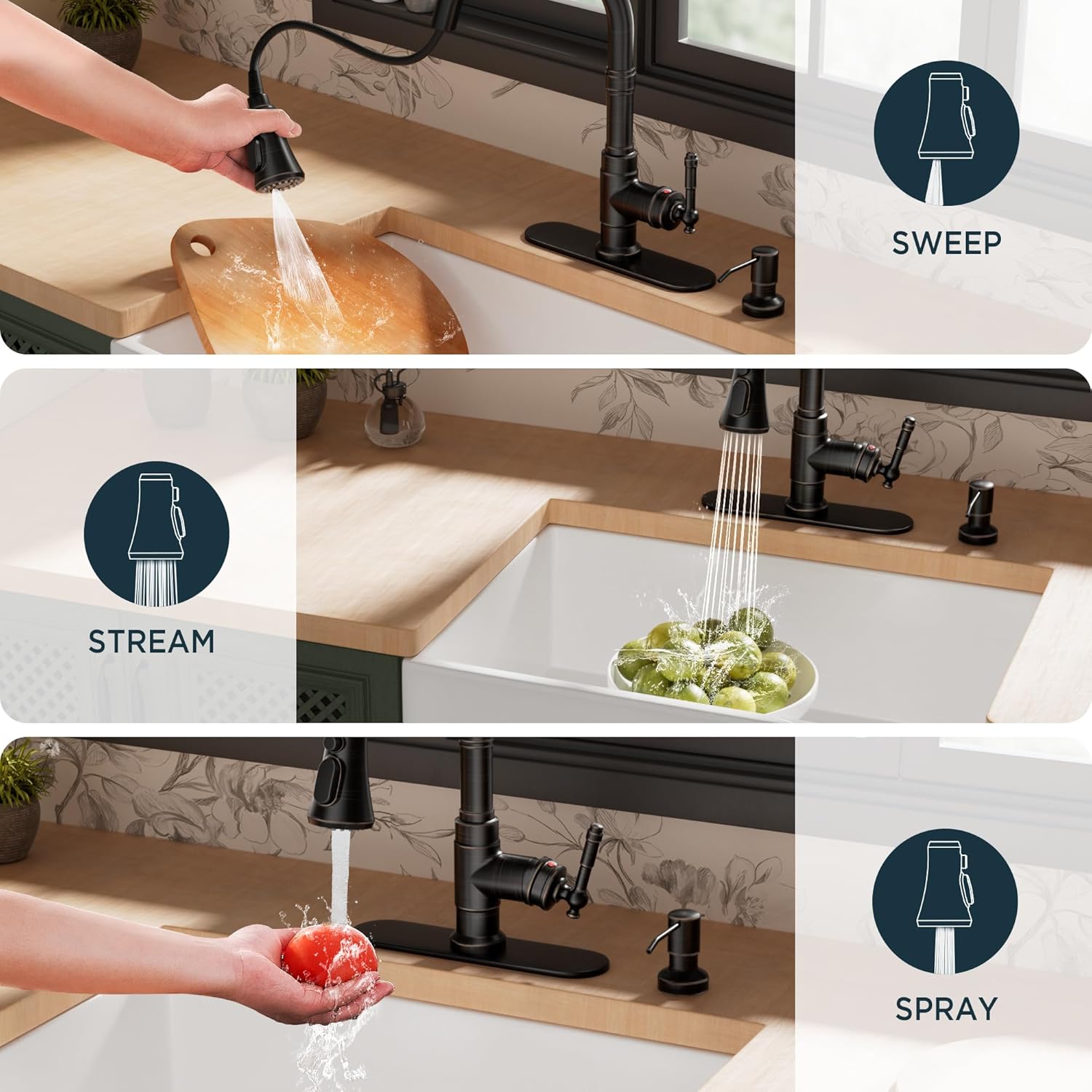 Three spray modes: Stream, Spray, and Sweep