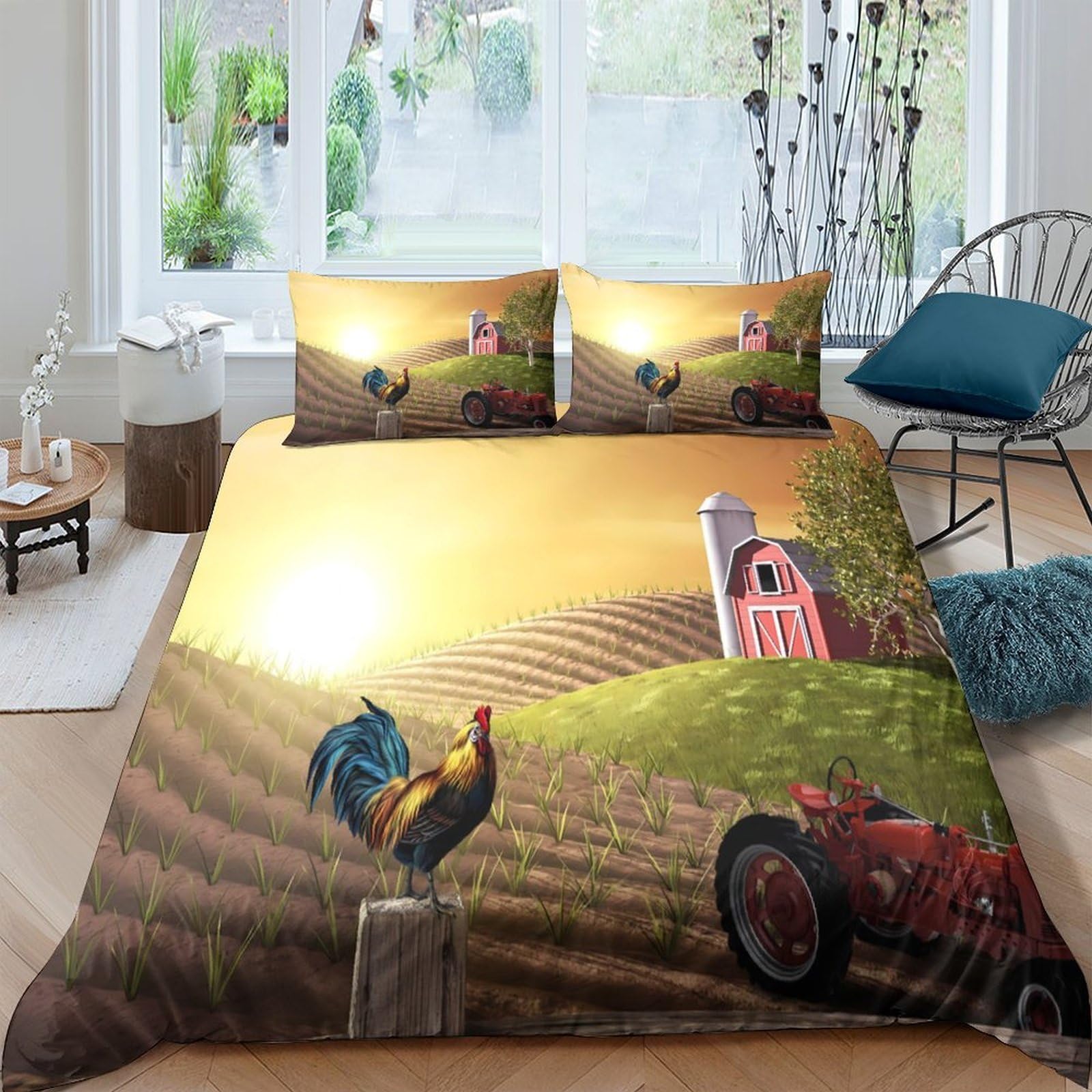 Ctjqhvkz Style-8 3D Printed Sunrise Farm Fitted Sheet Microfiber Soft Rooster Tractor Bed Cover For Bedroom Guest Room Decor Machine Washable Single（135X200cm）