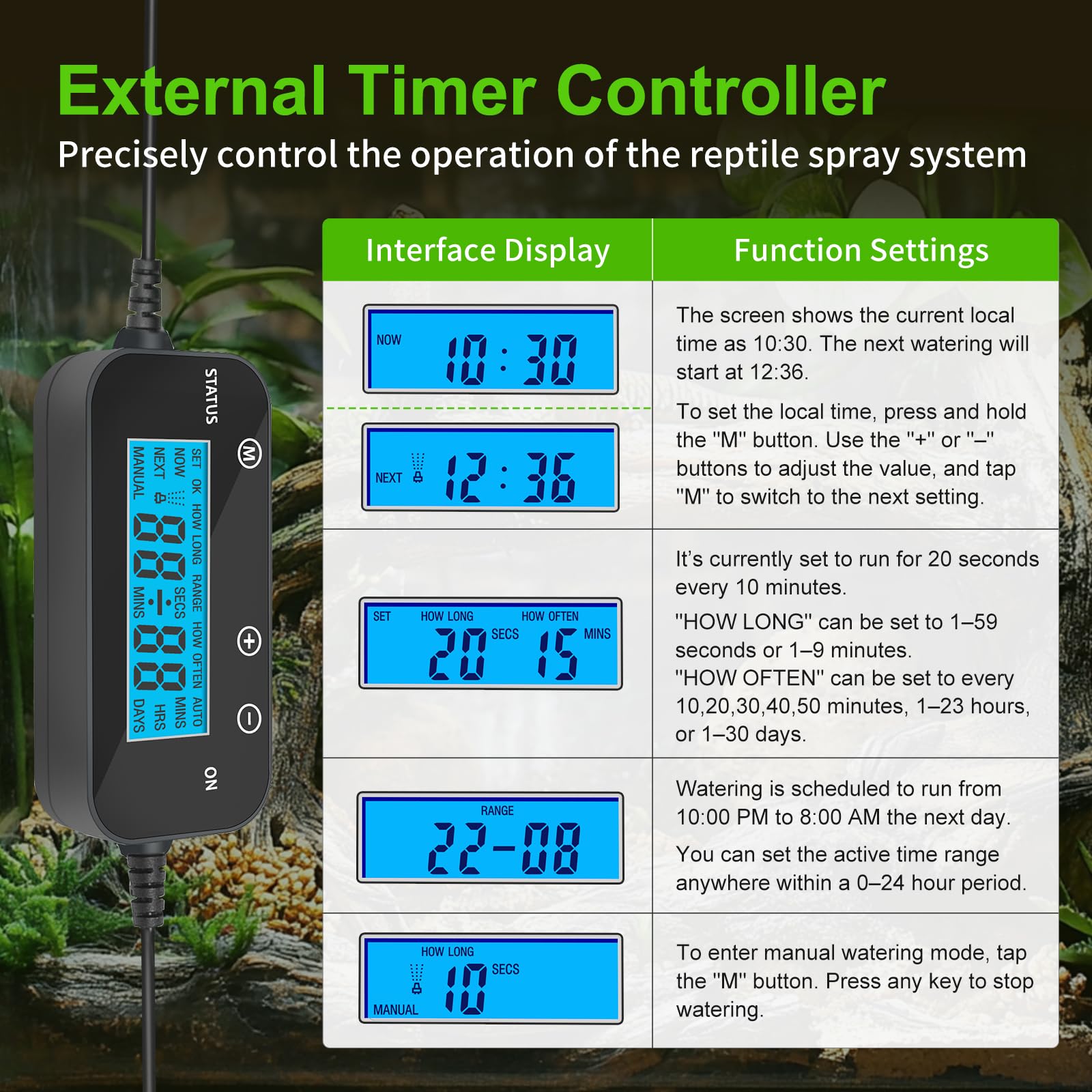 Umidificatore per rettili per terrari in vetro, sistema di nebulizzazione automatica con timer, adatto per rettili/anfibi/tende da coltivazione