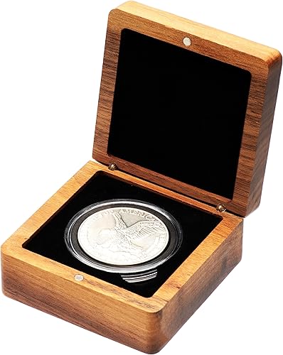 Caja de presentación de monedas de madera de nogal individual Caja de almacenamiento cuadrada de 3.1 in y cápsulas de monedas de plástico con junta