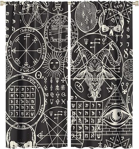 Vista 486 de Cortinas de cabeza de cabra, misteriosa cabeza de cabra malvada, calavera negra, bolsillo para barra, cortinas opacas para ventana, juego de 2