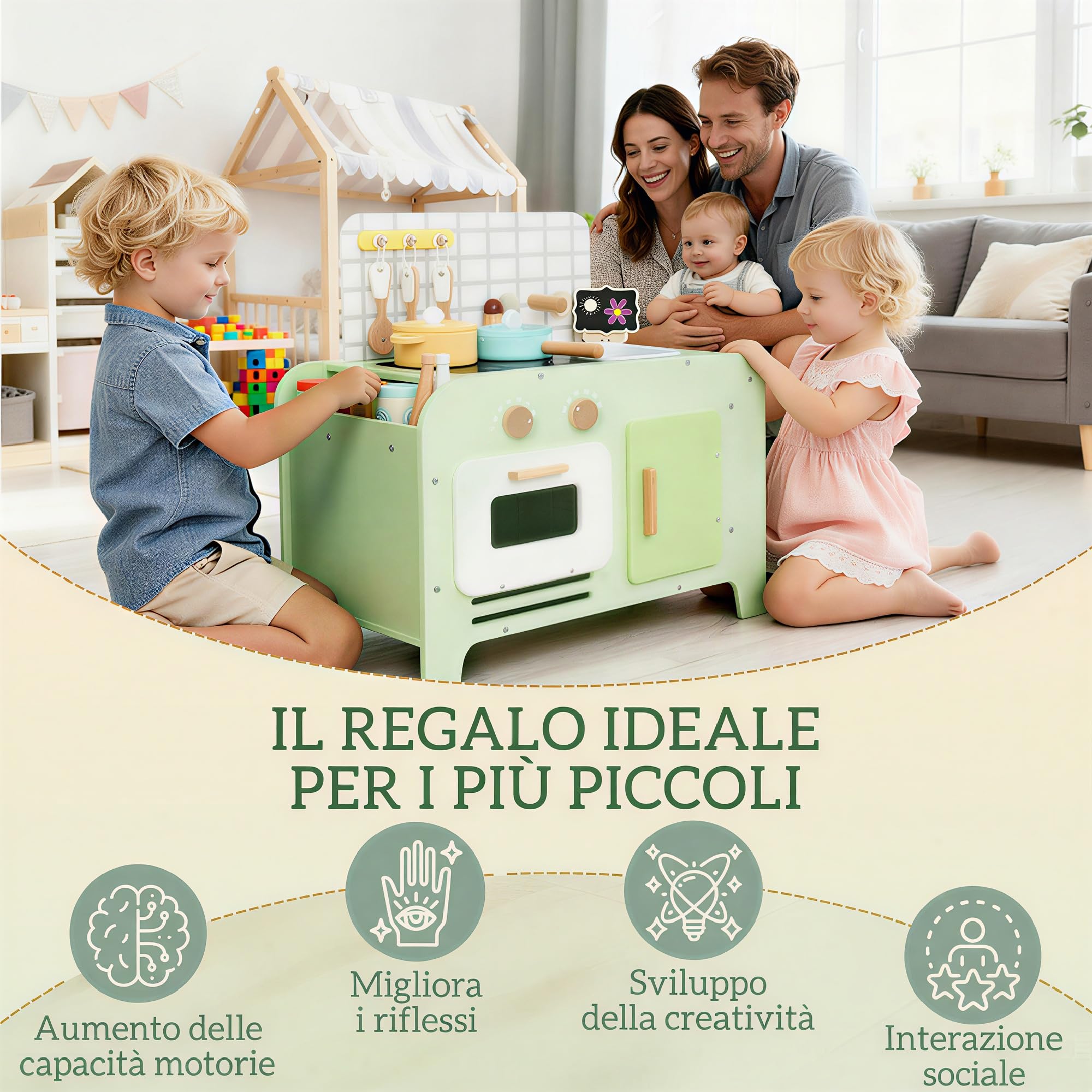 AIYAPLAY Set Cucina Giocattolo in Legno, Cucina per Bambini Età 3+ Anni con 15 Accessori, Microonde, Armadietti e Lavandino, Verde