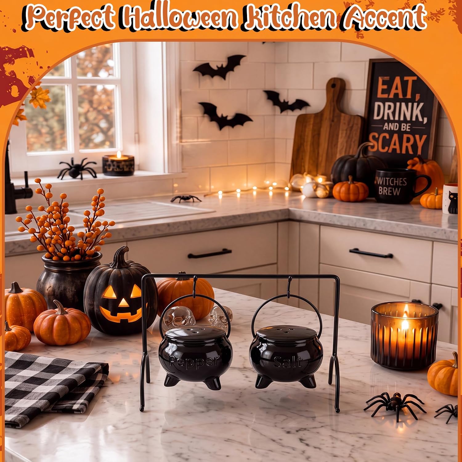 Yungyan Halloween Witches Cauldron Pepper Salt Set 2.5”x2" with Stand Black