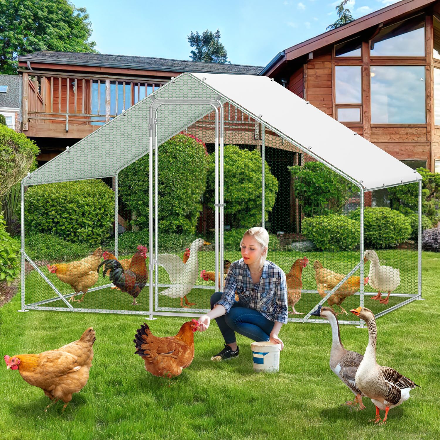 Gallinero con zona libre, 3x2x2m con cerradura de seguridad y tela impermeable de PE, fácil de limpiar, zona libre para gallinas, jaula para pájaros, pequeños animales y plantas