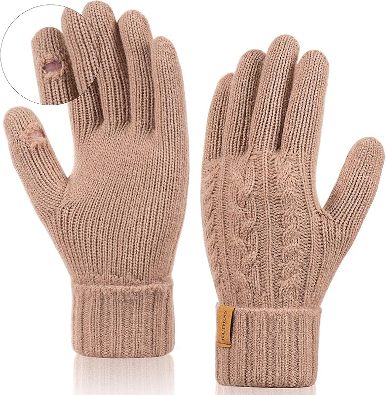 REDESS Winter Cable Knit Gloves Touchscreen Texting Palm Patches Soft Thick Warm Fleece Lined Anti-Slip Gloves for Women