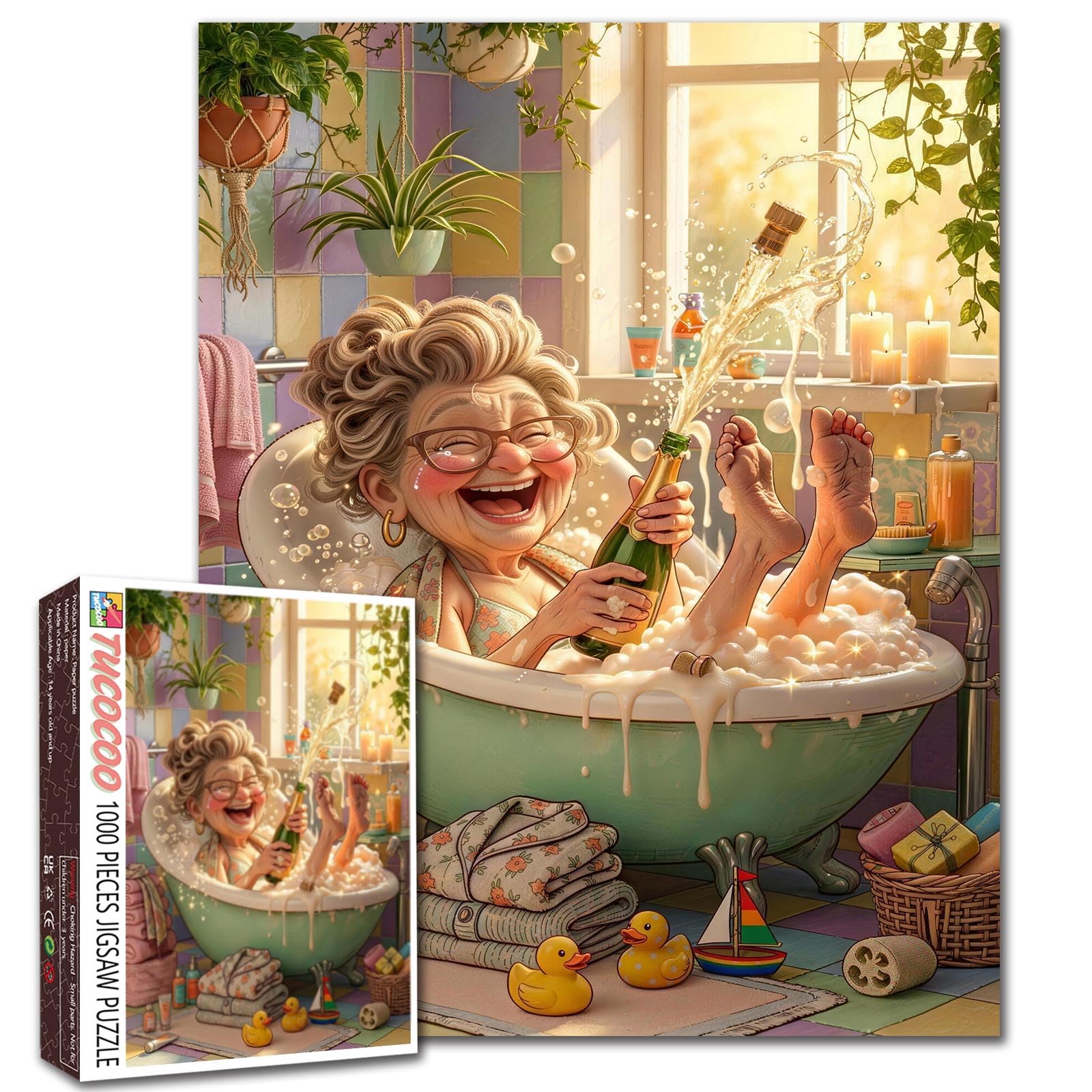 Grandma Celebrating in Bathtub with Champagne Jigsaw Puzzles for Adults 1000 Pieces Bathroom Scene DIY Puzzles for Family Activity Games Elderly Lady Art Home Wall Decor Craft Gifts 19.7 x 27.6 Inch โ image 1