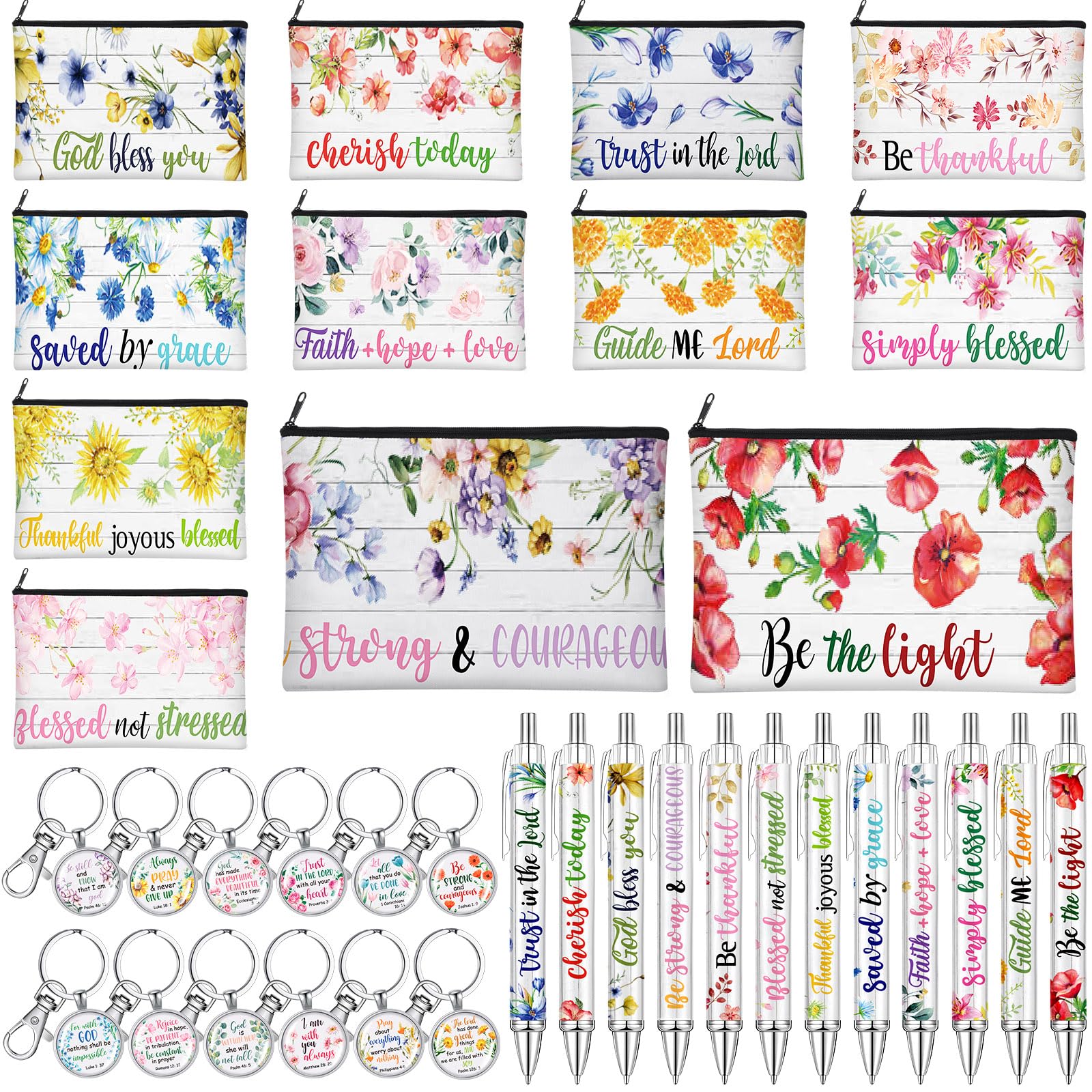Moinchore 36 Pcs Christian Gifts for Women Bulk Christian Makeup Bags Religious Keychain Bible Verse Pens Faith Inspirational Quotes Cosmetic Bag