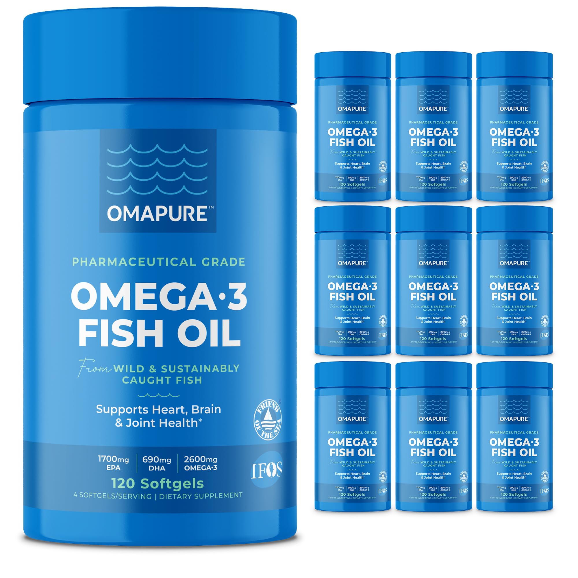 OMAPURE Wild Caught Omega-3 Supplements with High EPA DHA 10 Bottles 120 Softgels - Burpless Formula Supports Heart