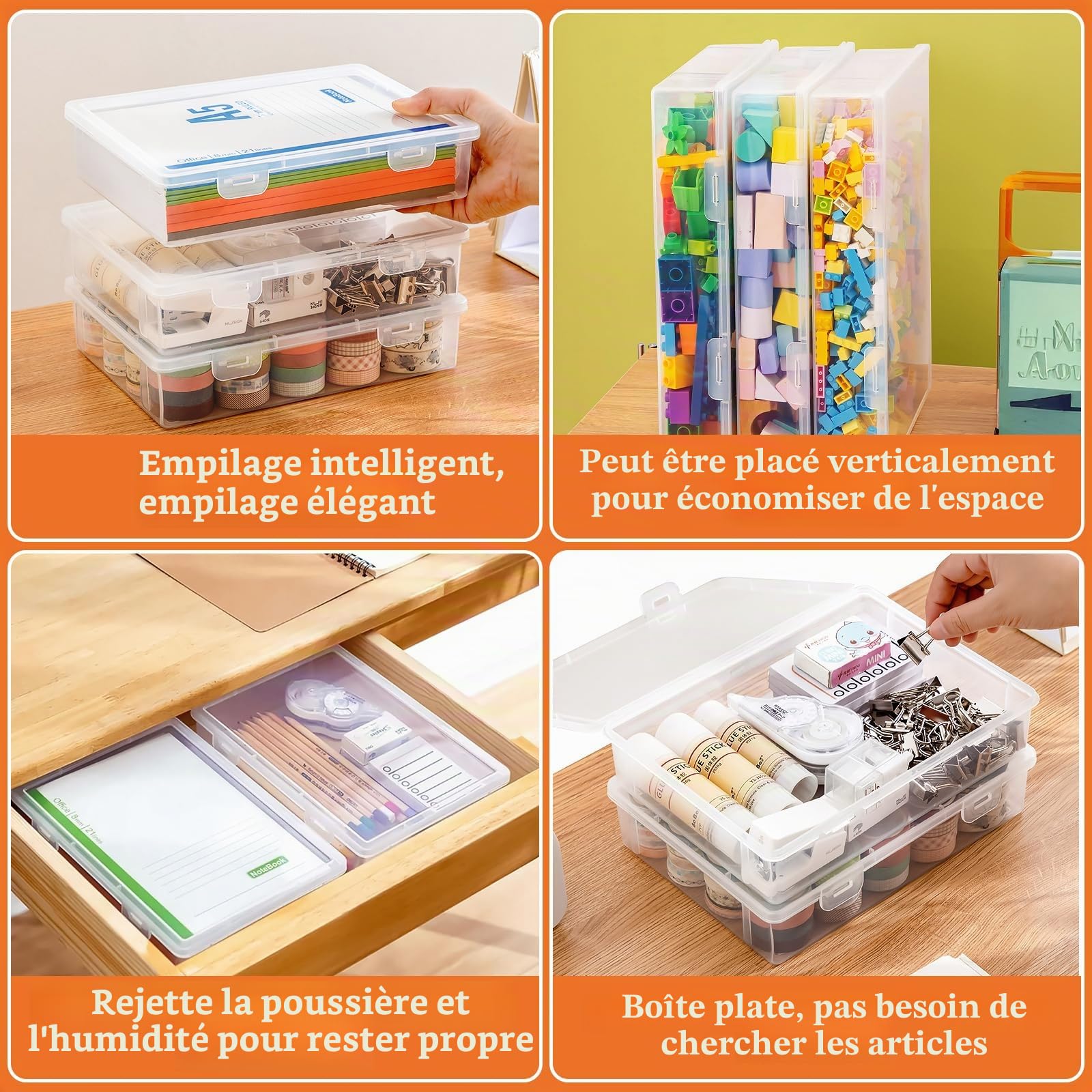 Boîtes de Rangement Pour Les Crayons, Boite Rangement Transparente Pour Crayons Avec Couvercle Imperméable, Empilable, Boite Rangement Plastique Pour Papeterie,Documents,Stylos,Photos (L)