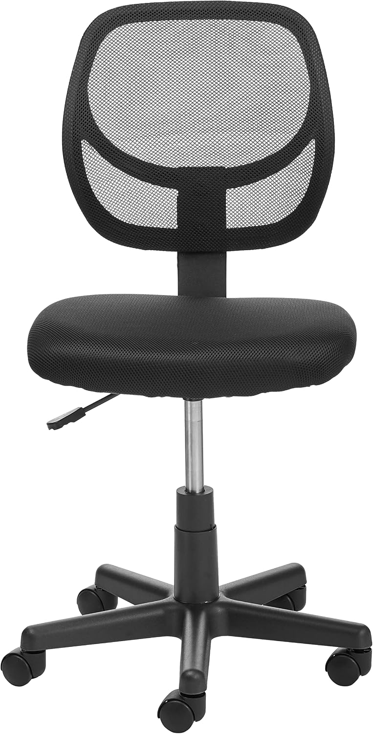 Amazon Basics Low-Back, Upholstered Mesh, Adjustable, Swivel Computer Office Desk Chair, Black, 18.7"D x 17.7"W x 38.2"H
