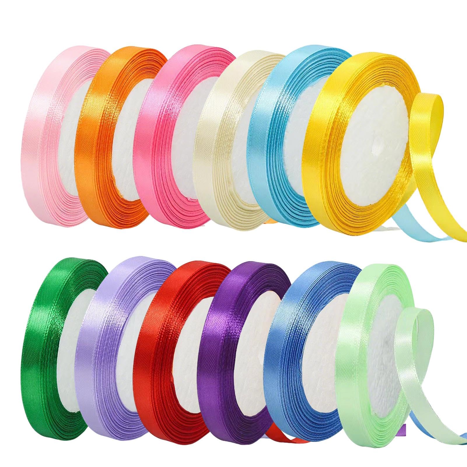 12 Rolls Multicolor Satin Ribbon, 10mm X 22m Premium Fabric Ribbon for DIY Crafts, Gift Wrapping, Balloon Decorations and Bows