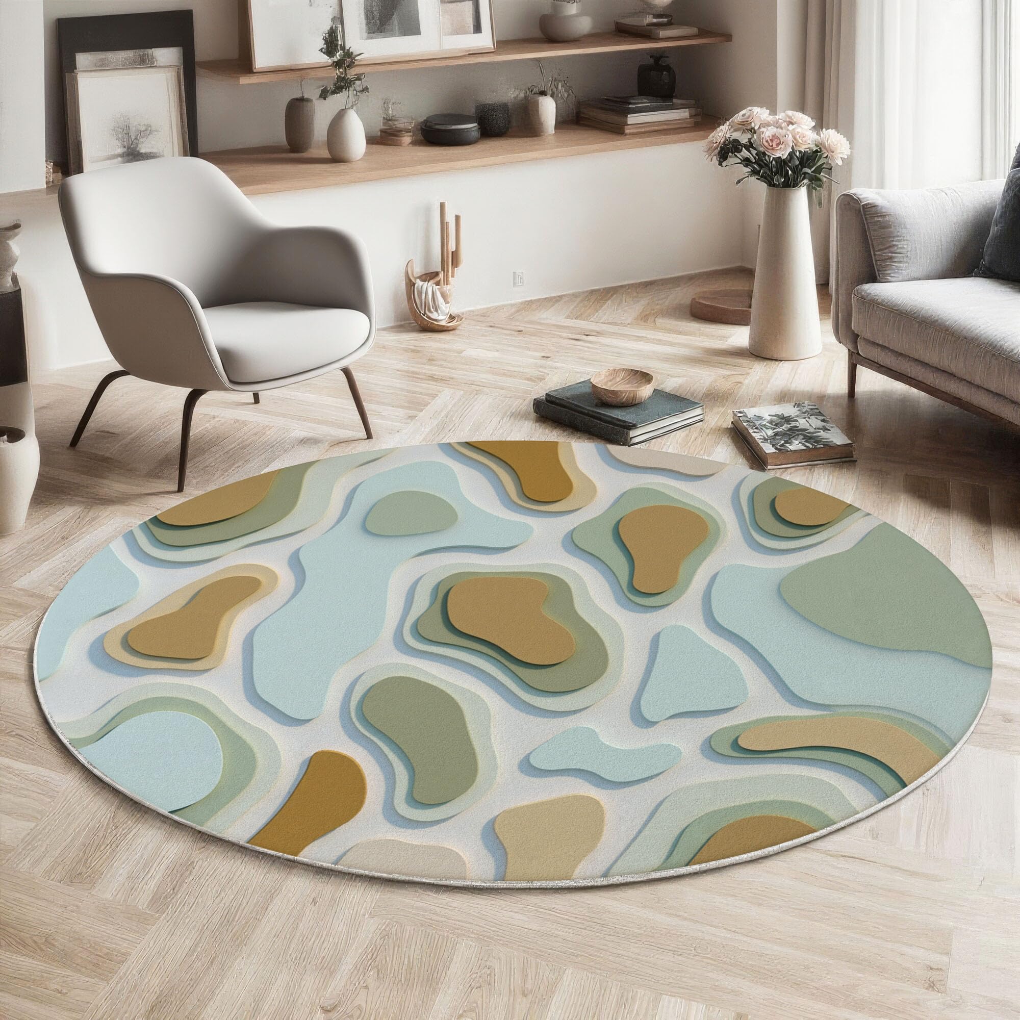 Abstrakte Kunst Waschbarer Runder Teppich 120cm, Pflegeleicht rutschfest 3D-Topografische Karte Teppich, Kurzflor Senfgelb Teppiche für Schlafzimmer Badezimmer Eingangsbereich Kinderzimmer