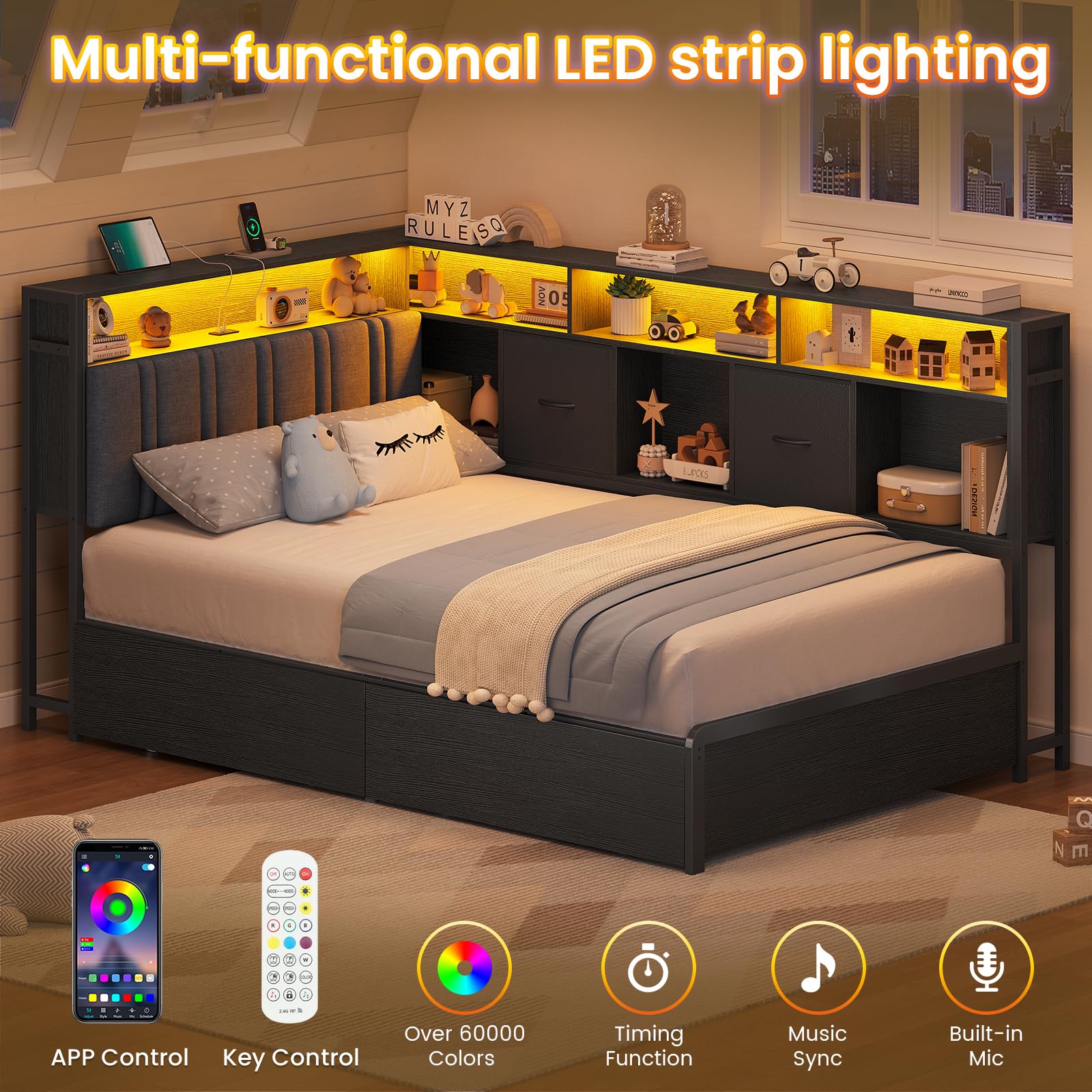 Struttura Letto Angolare Con Contenitore,Divano Letto Con Testiera Imbottita E Stazione Di Ricarica,Letto a LED 90 X 190 Cm Con 2 Cassetti E Libreria,Struttura Letto Angolare Mental,Grigio